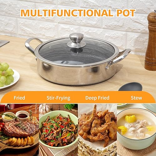 Miniatura 3 de Sartén de Acero Inoxidable de 7QT para Saltear de 14 Pulgadas con Tapa, Sartén Profunda Antiadherente, Sartén de Cocina de Inducción Híbrida,