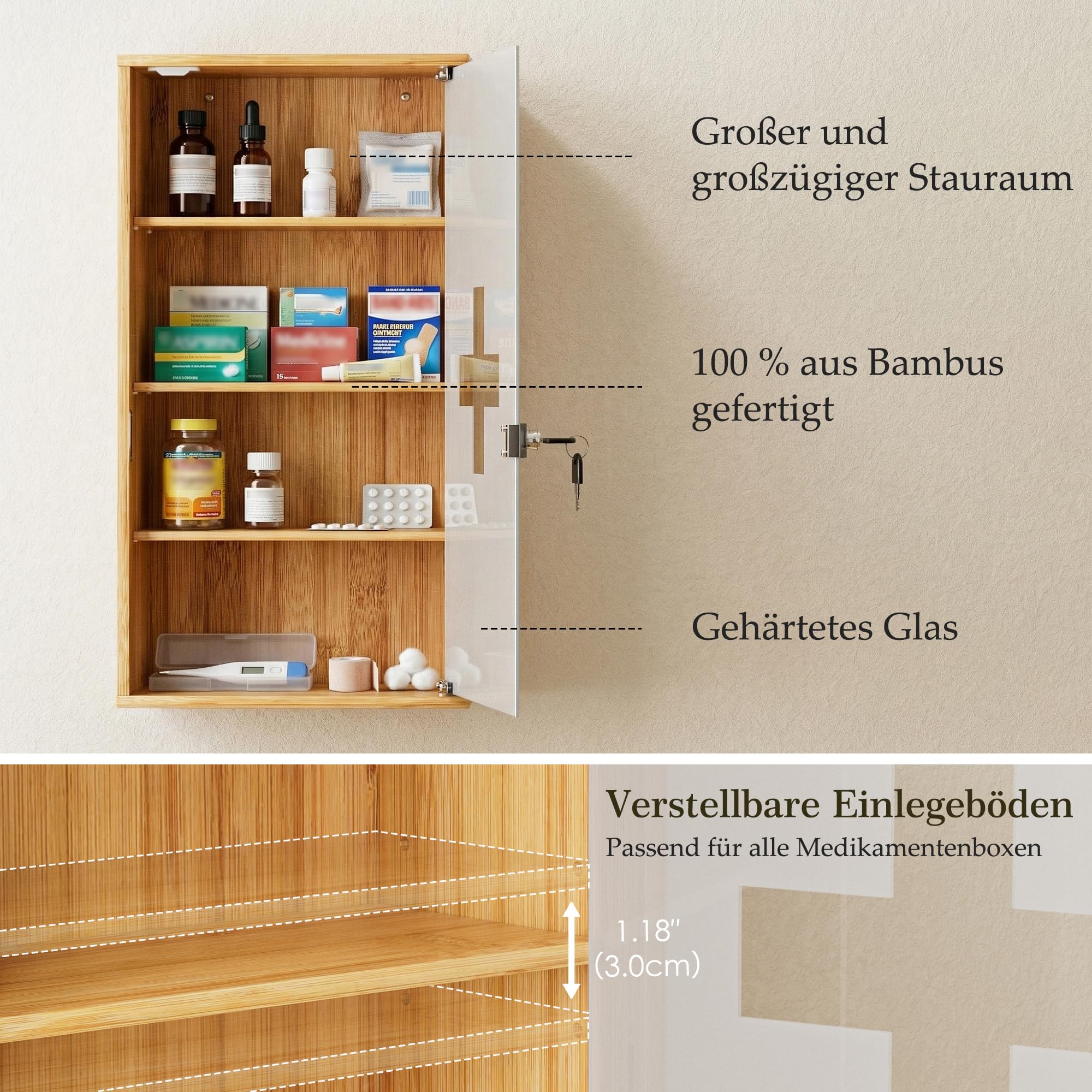 HEYZOEY Armoire à pharmacie en bambou verrouillable à fixer au mur avec 4 compartiments, pharmacie domestique pour salle de bain, 65 x 35 x 18 cm, grande armoire à pharmacie pour un usage domestique