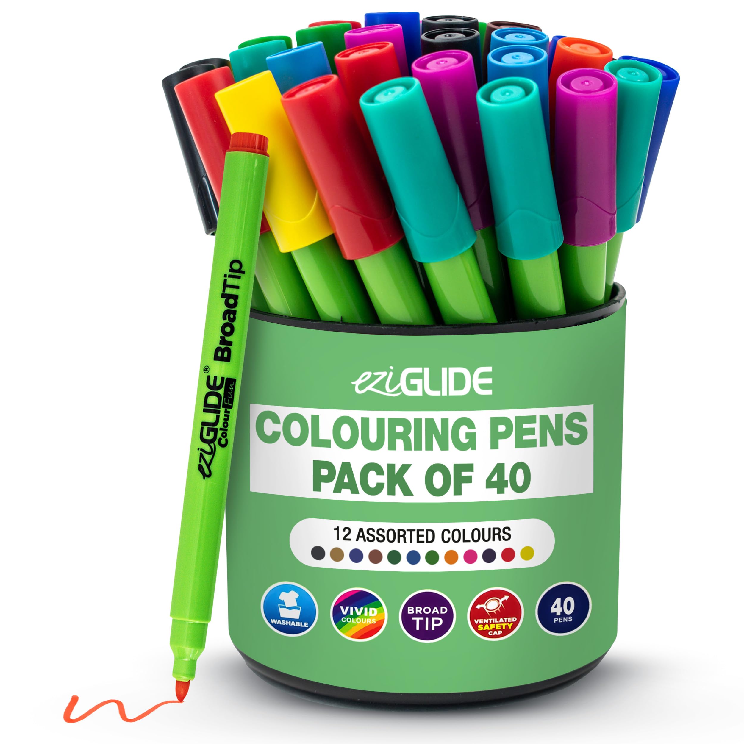 Eziglide Colouring Pens, Broad Felt Tips, Assorted Pack of 40 Colouring Pens, Fibre Nib, Bright colours for paper, card, Adult colouring books, Art & Crafts, School, Work & Home Stationery Supplies