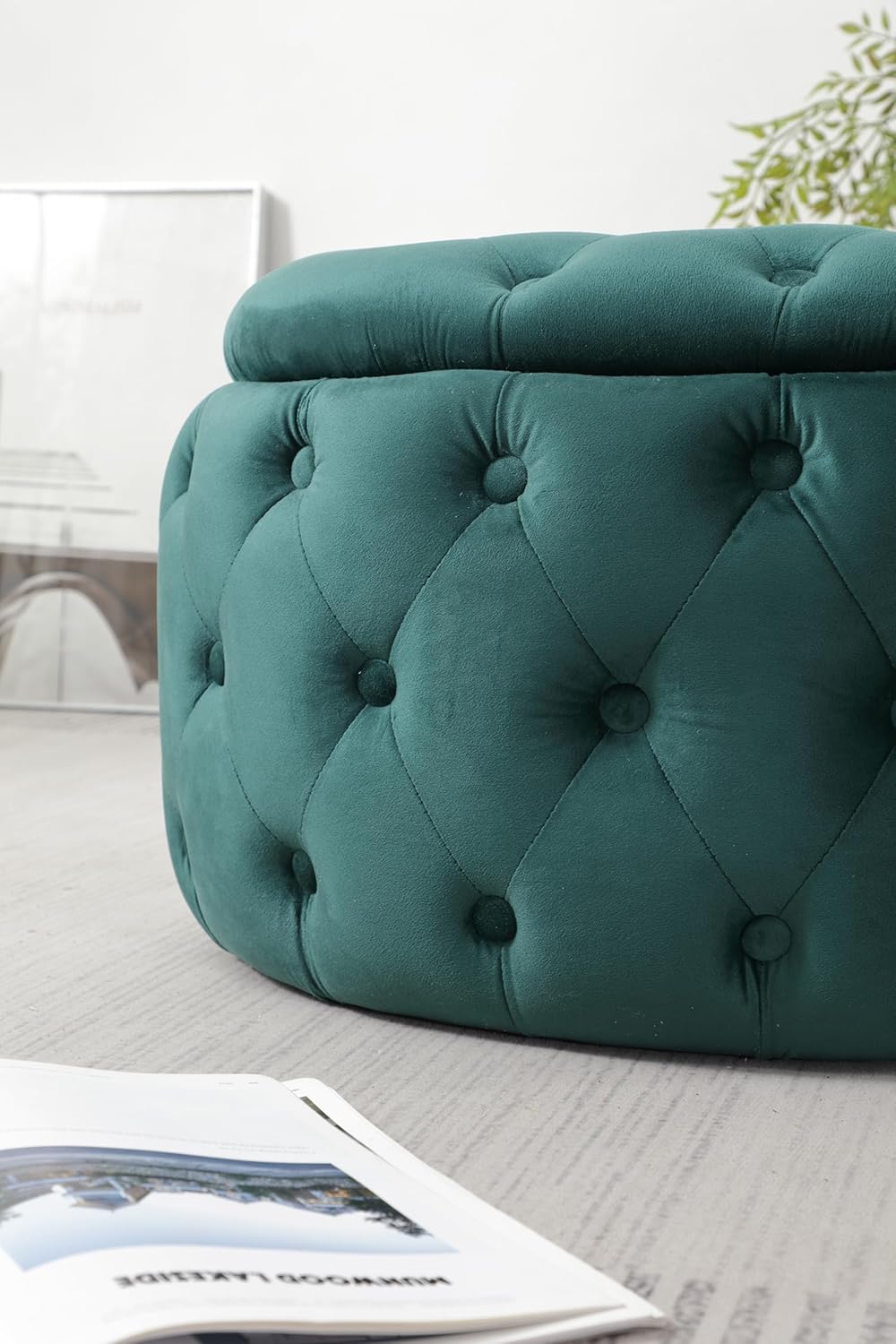 Oval Storage Ottoman with Button-Tufted Diamond Stitch, Upholstered Storage Bench with Lift Top, Multifunctional Footrest Stool for Living Room, Bedroom, Entryway (Blackish Green)