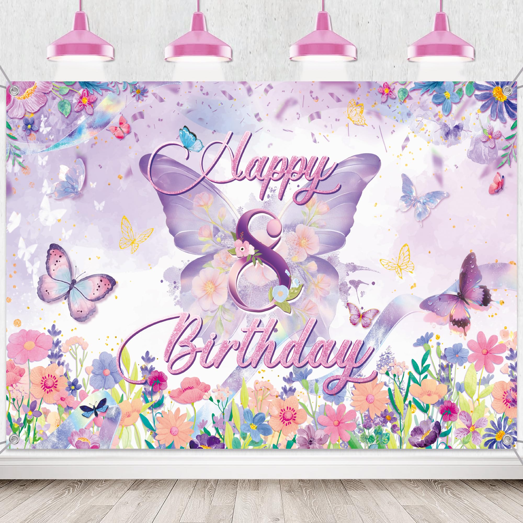 Butterfly 8th Birthday Banner Decorations - Purple Butterfly Birthday Backdrop for Girls, 5 x 3.6ft Fabric Photo Background Party Supplies