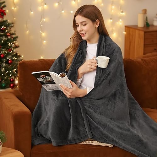 BRILLIO Electric Heated Blanket 62"x84" Twin Size Flannel Fleece - 4 Heat Settings & 10H Auto Shut Off for Safe Overnight Use, Fast Heating, Machine Washable for Bed, Couch, Office - Dark Grey - 03-dark Gray - Twin Size (62"x84")