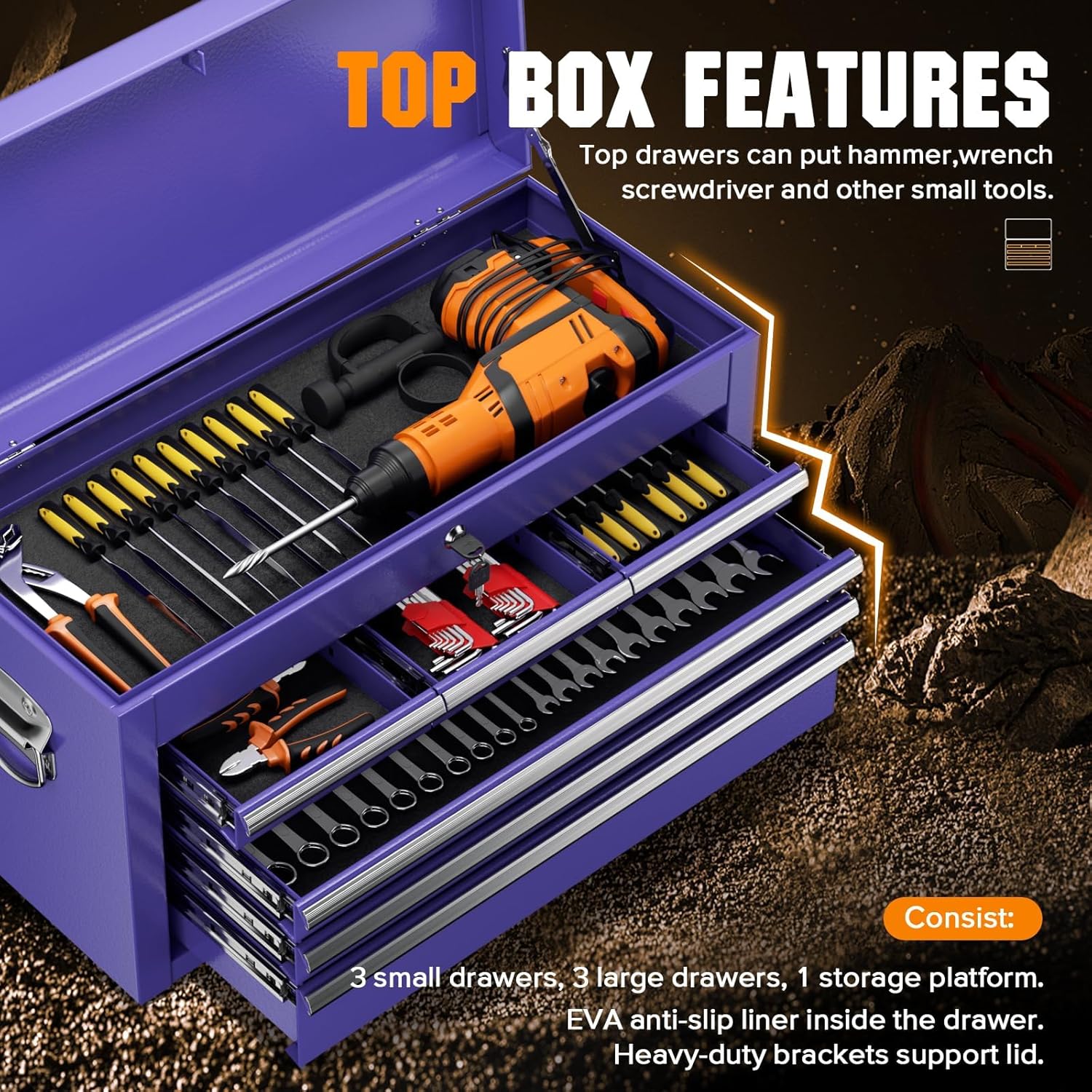 8-Drawer Rolling Tool Chest - Heavy-Duty Steel Tool Cabinet with Detachable Top Box, Locking Wheels & Security System for Garage/Workshop, 2-in-1 Design,Purple