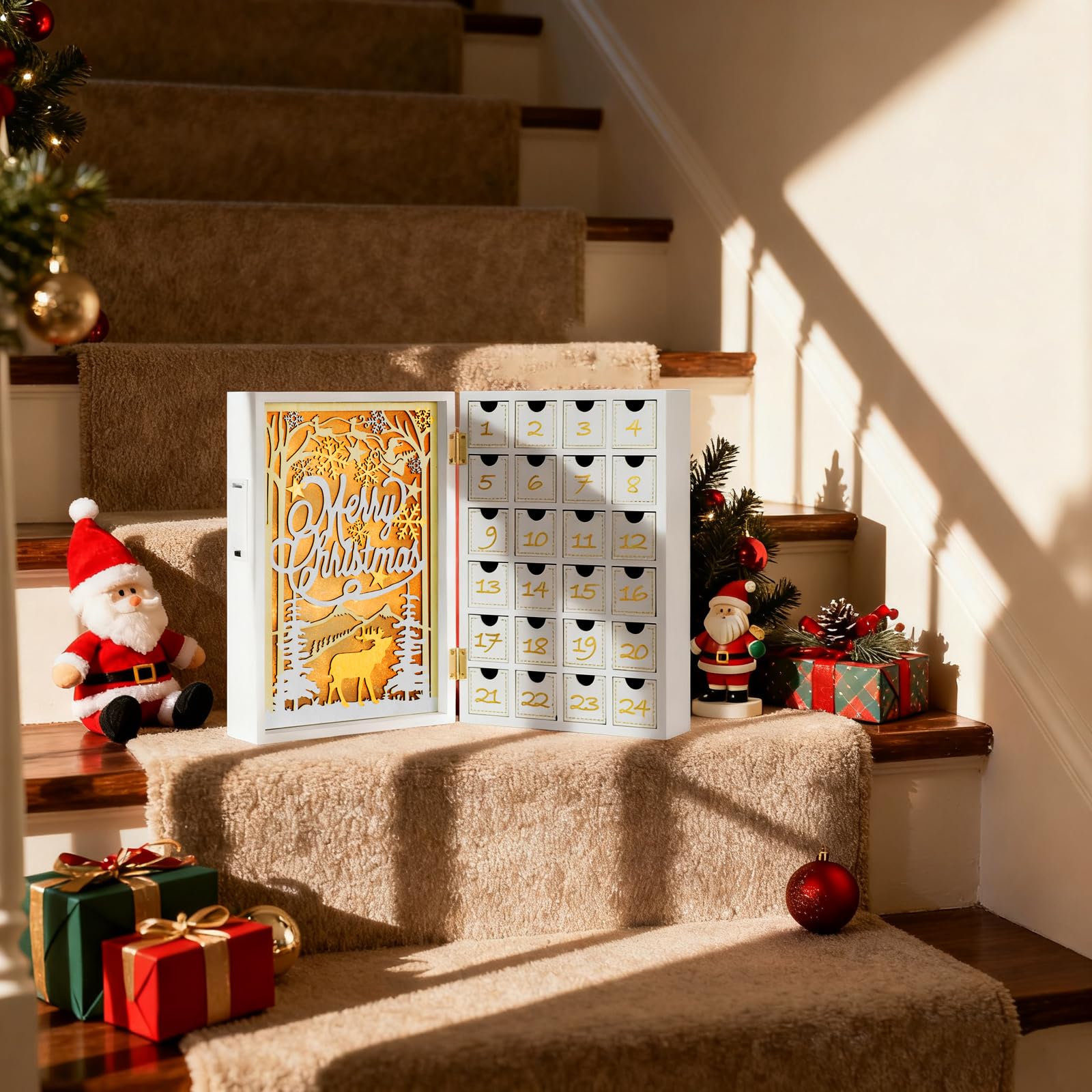 Holz Weiß Adventskalender mit Schubladen, Wiederverwendbarer Adventskalender mit Lichtern, Leere Boxen zum Befüllen, Dekorativer ausklappbarer Holzkalender für Kinder Weihnachten Deko 24 leere