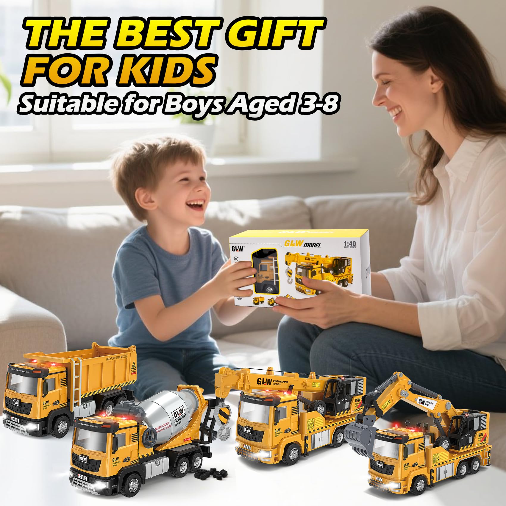 Véhicules de Chantier Enfants, 1:40 Camion Benne, Engins de Chantier Jouet avec Lumière et Son, Voiture Jeux Construction, Jouet Enfant 3 4 5 6 Ans Garcon