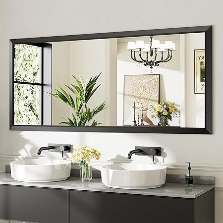 72x32 Inch Black Bathroom Mirror for Wall, Thick Metal Framed Rectangle Mirrors for Over Sink, Bedroom, Living Room, Entryway, Anti-Rust, HD Tempered Glass