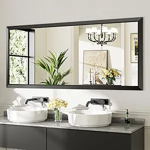 72x32 Inch Black Bathroom Mirror for Wall, Thick Metal Framed Rectangle Mirrors for Over Sink, Bedroom, Living Room, Entryway, Anti-Rust, HD Tempered Glass