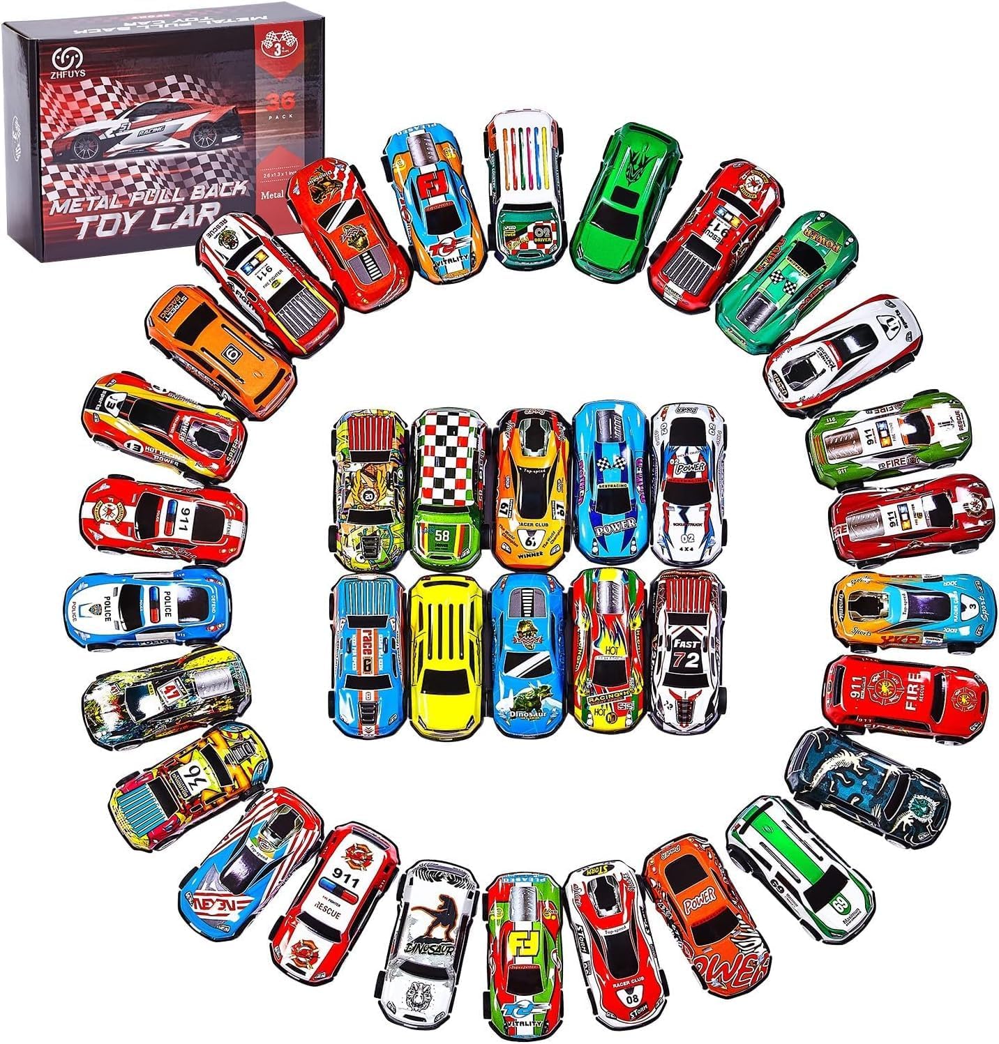 ZHFUYS 36PCS Metal Pull Back Cars for Kids 3-8 - Battery-Free Race Toys, Party Favors & Birthday Gifts Boys Girls