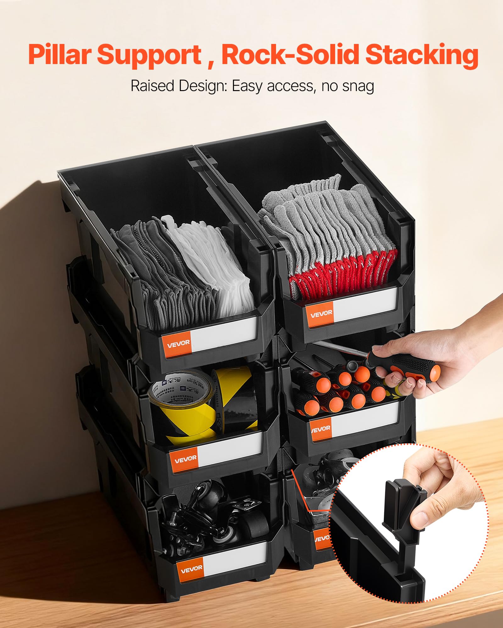 VEVOR Contenitori Impilabili in Plastica, 377 x 215 x 180 mm, 6 Pezzi, Contenitori in Plastica per Organizzare Oggetti in Armadio, Garage, Piccole Parti, Forniture per Ufficio, Altri Accessori, Nero