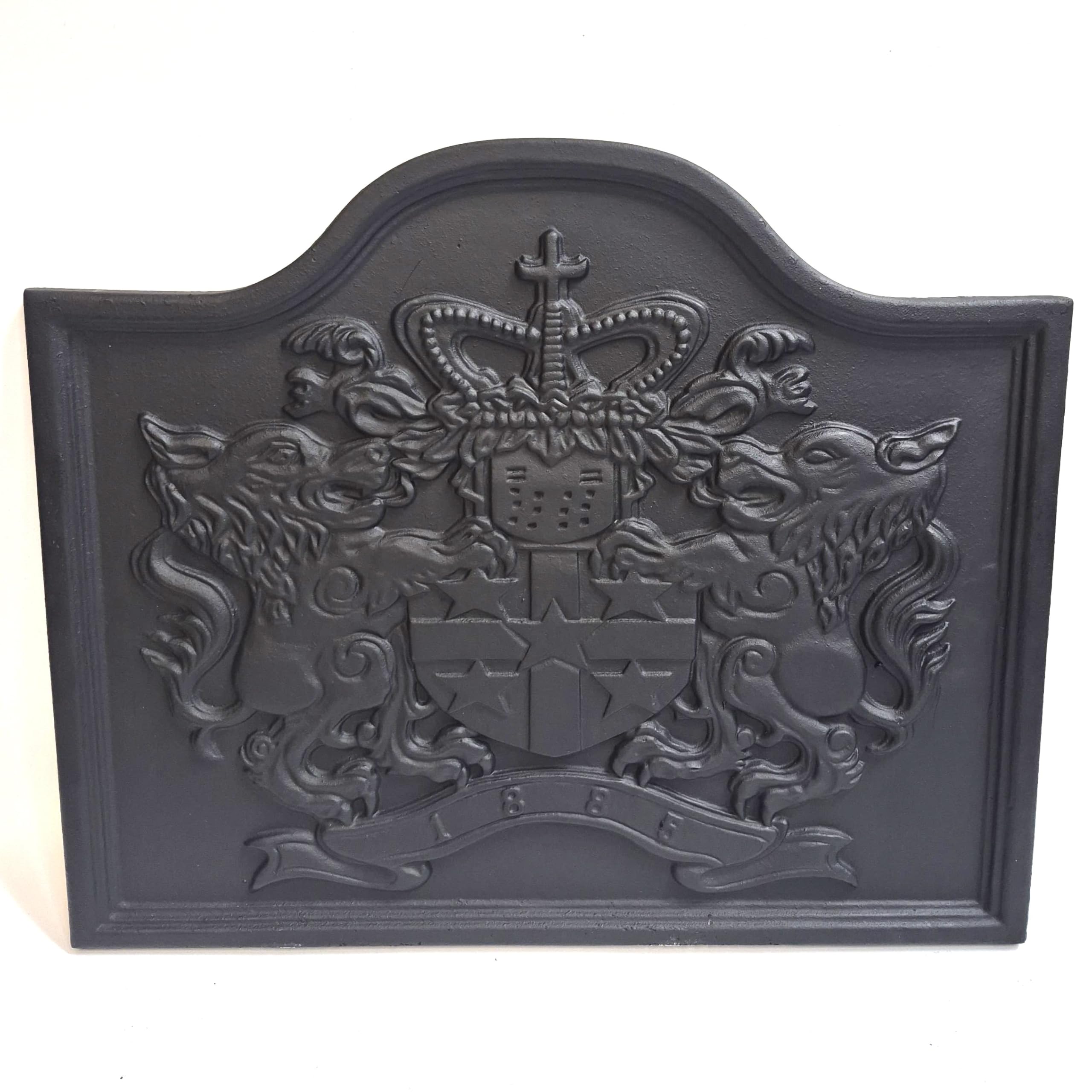 1885 Lions Cast Iron Fire Back 22'' Wide - Cast Iron