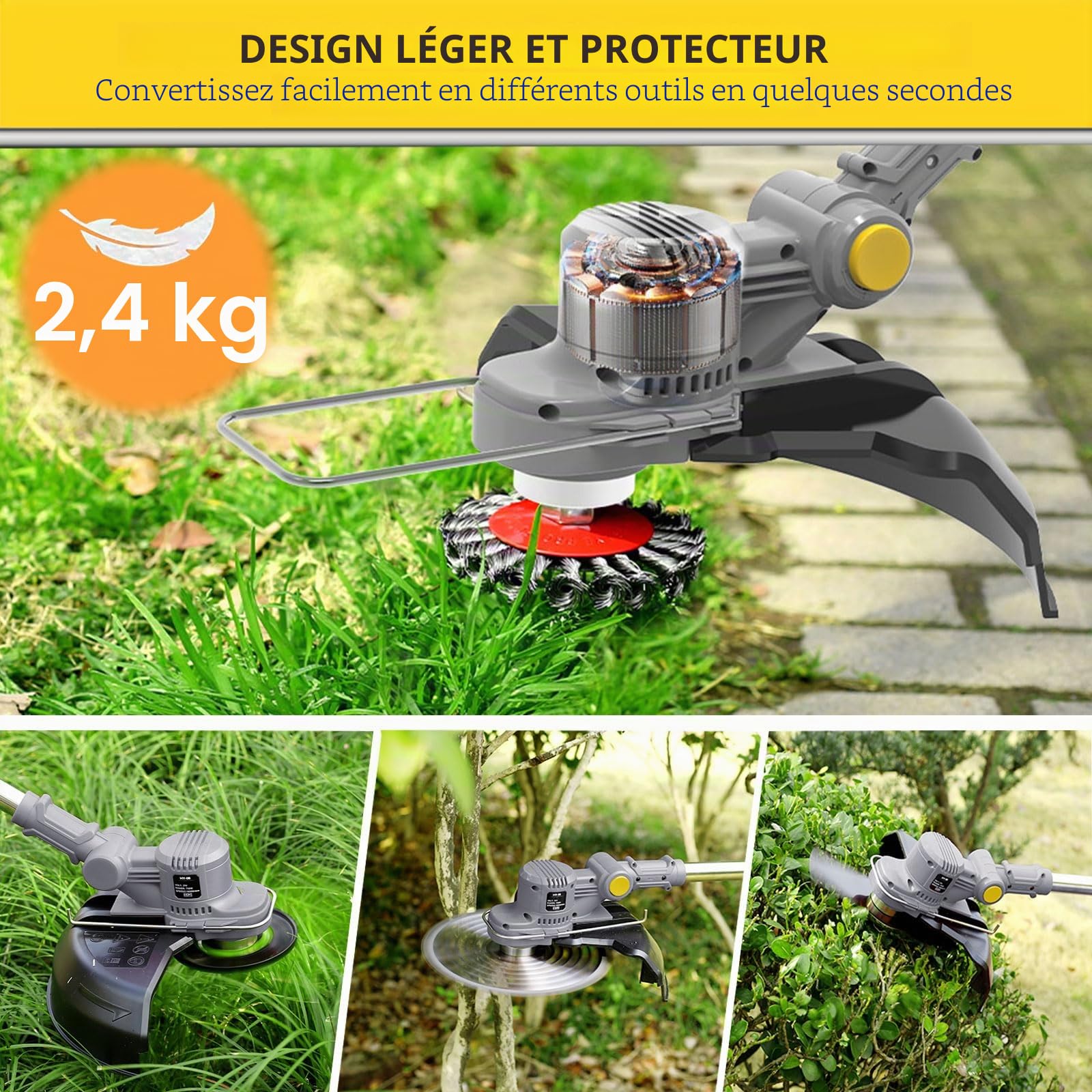 Débroussailleuse sans fil avec brosse à mauvaises herbes 21 V avec 2 batteries de 4,0 Ah et chargeur électrique sans balais 4 en 1 pour débroussailleuse télescopique réglable Gris