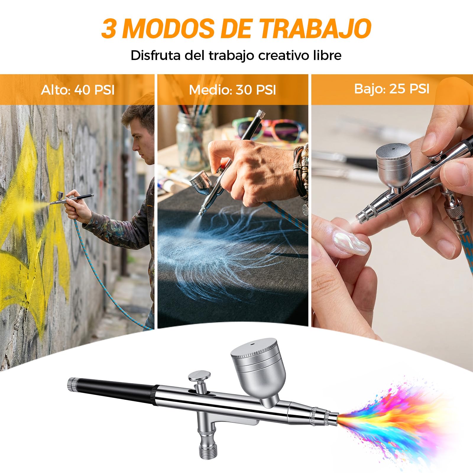 Kit de Aerógrafo con Compresor de 40 PSI de Doble Acción con 3 Tamaños de Boquilla (0,2/0,3/0,5 mm) para Modelismo, Maquillaje, Pintura de Coche