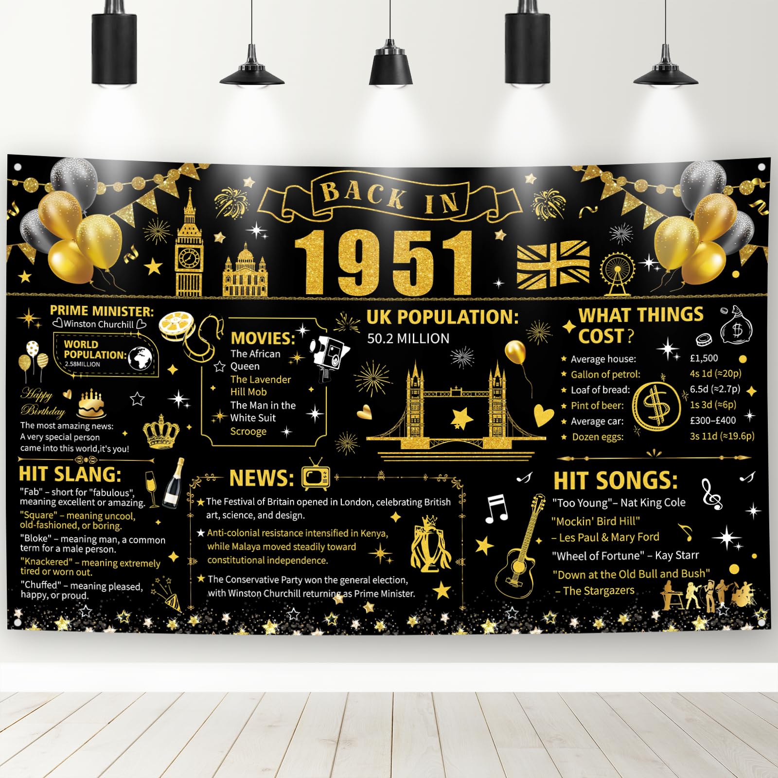 75th Birthday Banner Decorations - Born Back in 1951 Happy 75 Years Old Party Banners Backdrop for Men Women, Celebrate Cheers to 75 Black Gold Sign Poster Bday Gift Decor Supplies