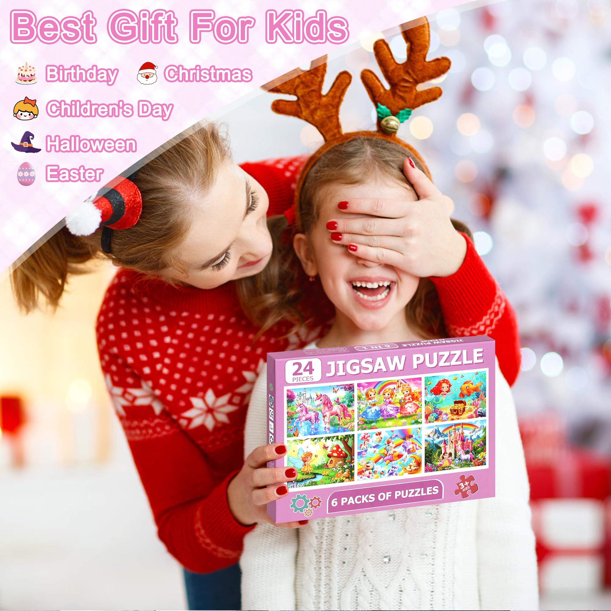 MZZOTOY 6 Puzzles für Kinder im Alter von 4-6 Jahren, 24 Puzzleteile Prinzessin und Einhorn für Kinder von 3-5 Jahren, 4-8, Lernspielzeug für Vorschule