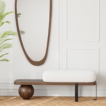 homary Entryway Bench, Modern Wooden Boucle Upholstered Bench with Abstract Metal Leg and Comfortable Lambswool Cushion for Entryway/Bedroom/Living Room - 47.2" W x 13.8" L x 16.5" H Walnut