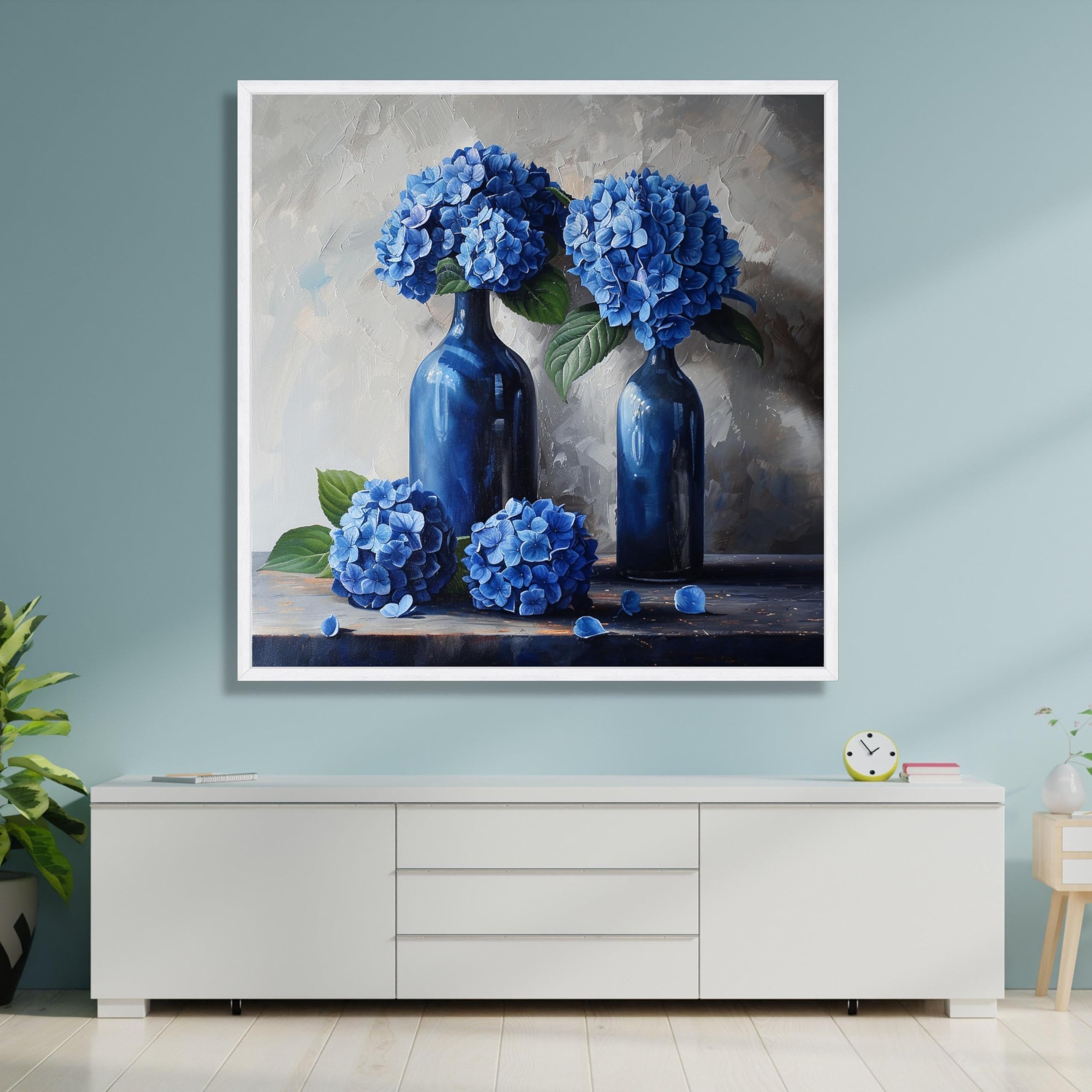XINBAO Niebieskie kwiaty hortensji w ciemnoniebieskich butelkach płótno, kwiatowa martwa natura sztuka ścienna, dekoracja botaniczna, obraz kwiatowy na płótnie 55 x 55 cm bez ramy