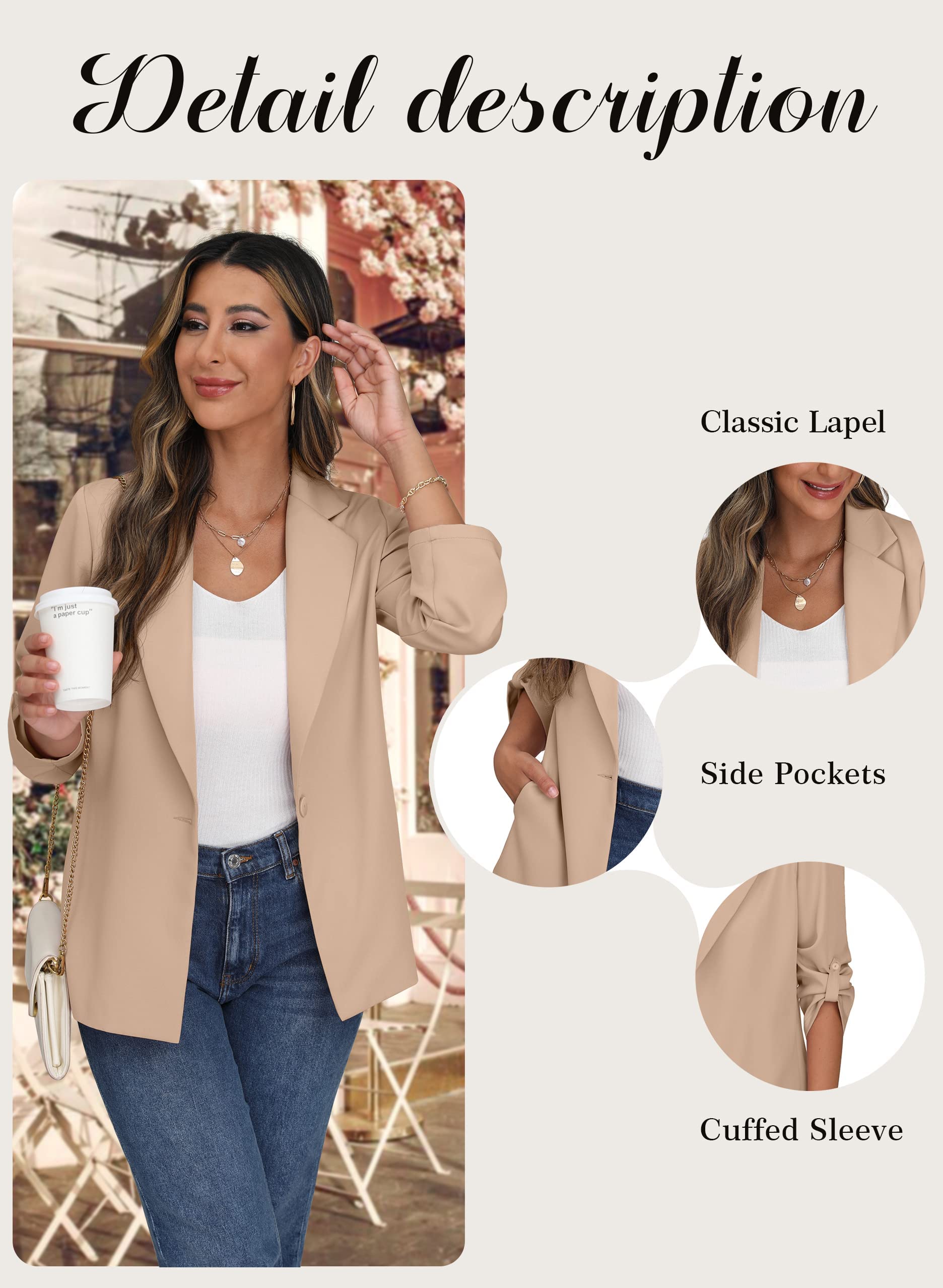 PrinStory Americana abierta para mujer, chaqueta de manga ajustable con botones y bolsillos