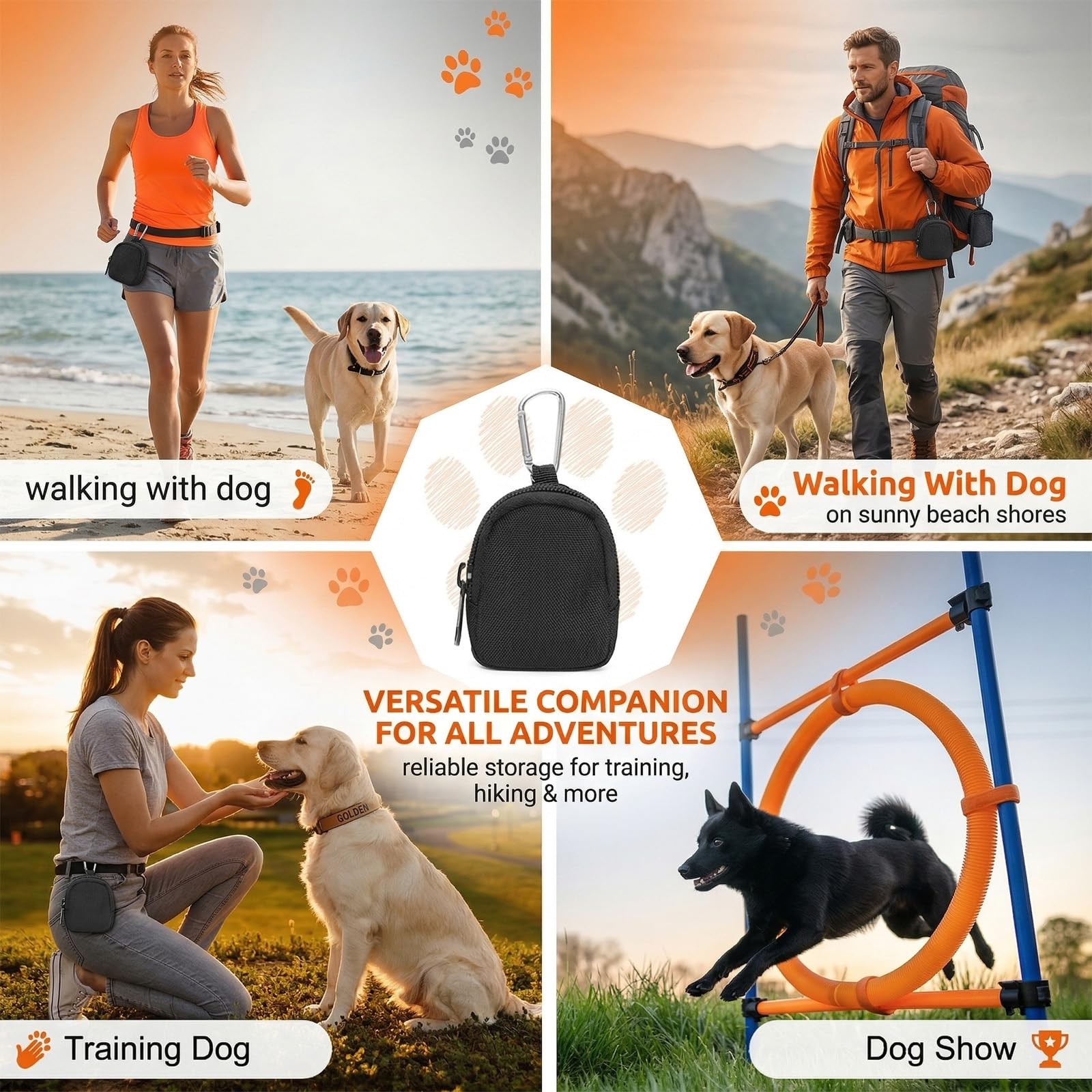 Borsa Porta Snack per Cani, 9x7x2,5cm Nera, Borsa per Snack a Mani Libere con Moschettone, Materiale Impermeabile, per Addestramento Canino & Passeggiate