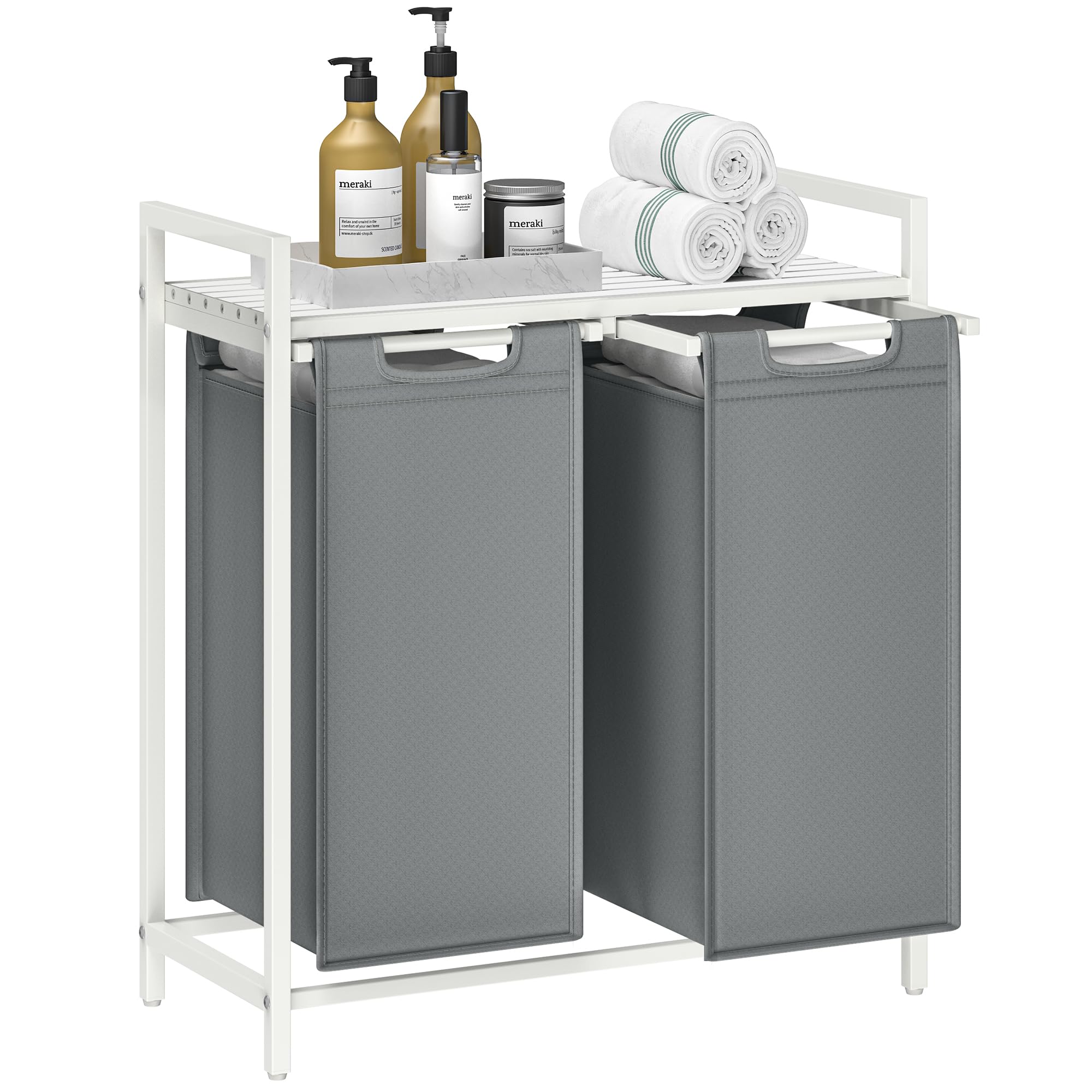 VASAGLE Laundry Basket, 2-Compartment Laundry Hamper, Pull-Out and Removable Liner Bags, Clothes Sorter, Shelf, Metal Frame, 2 x 46 L, 73 x 33 x 72 cm, Slate Grey and Matte White BLH201W11