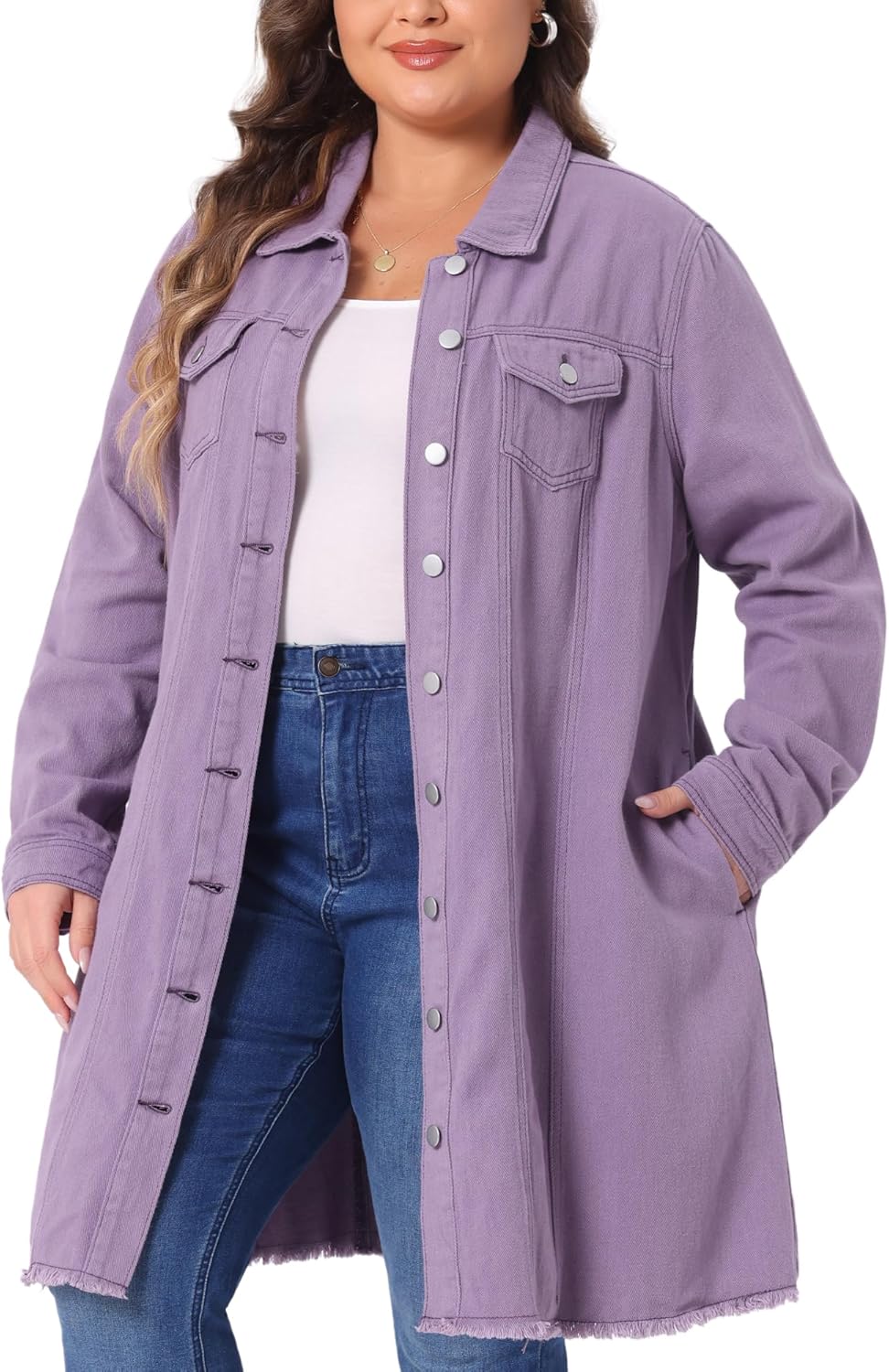 Agnes Orinda Women's Plus Size Denim Jacket Casual Long Distressed Button Up Pockets Jean Jackets Fall Outfits