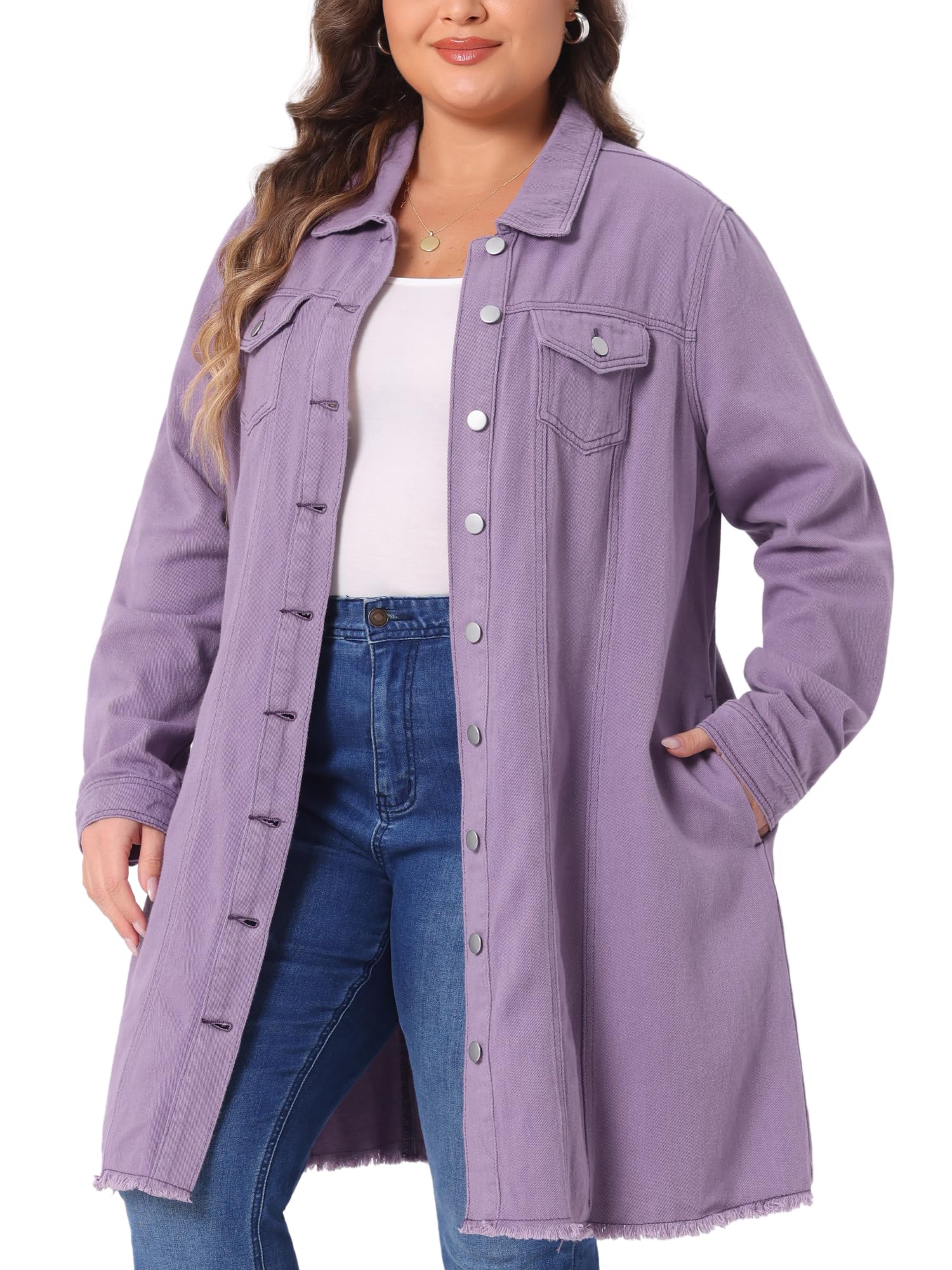 Agnes Orinda Women's Plus Size Denim Jacket Casual Long Distressed Button Up Pockets Jean Jackets Fall Outfits