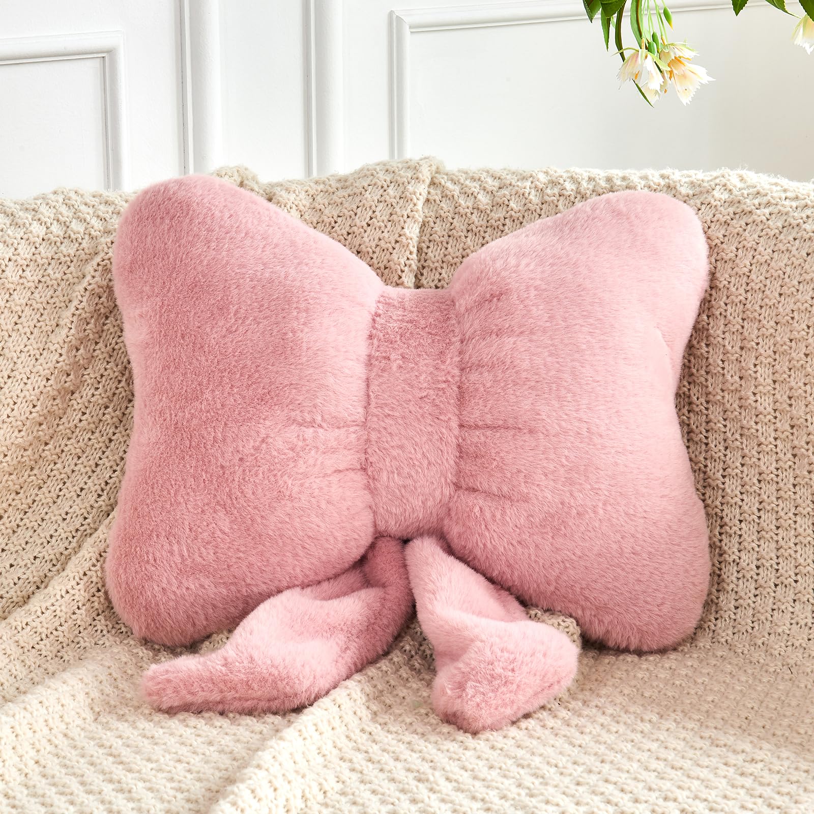 dusty pink bow pillow soft bow decorative pillows with faux rabbit fur cute 1234 bow throw pillows aesthetic home decor bow shaped plush pillow for bedroom sofa couch