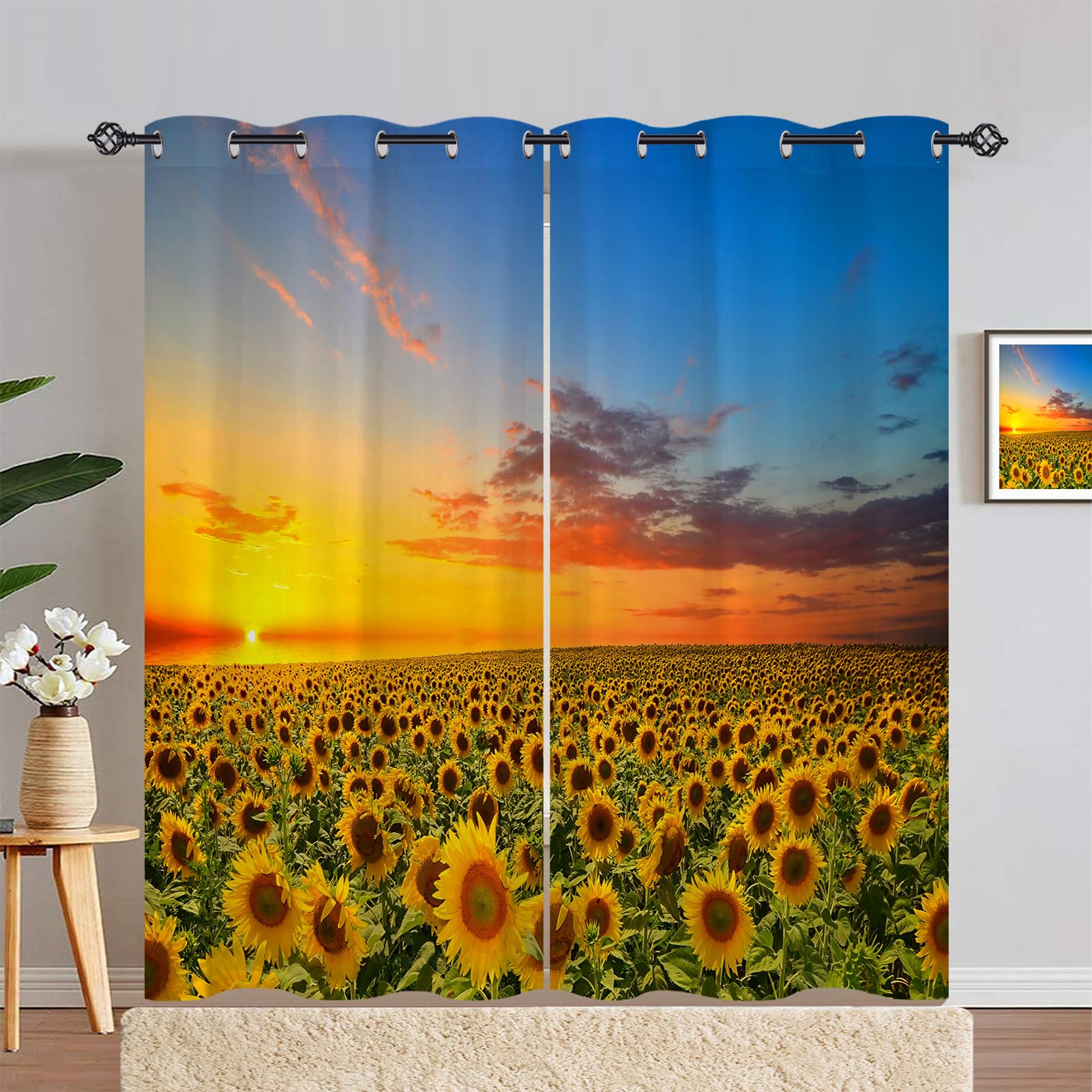 ANHOPE Sunflower Curtains Eyelet 80% Blackout Room Darkening Curtains Rustic Sunset Yellow Flower Field Print Pattern Light Blocking Window Drapes for Bedroom Living Room 46 x 84 Inch Drop 2 Panels — image 1