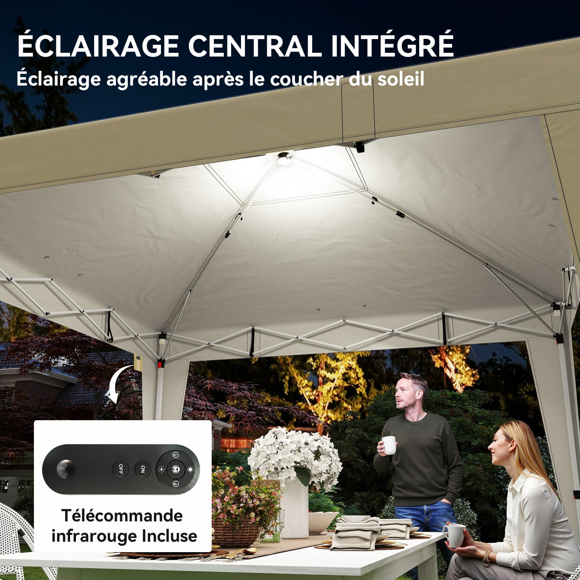 Outsunny Tonnelle de Jardin 3 x 3 m Éclairage Pop Up Télécommande Crème