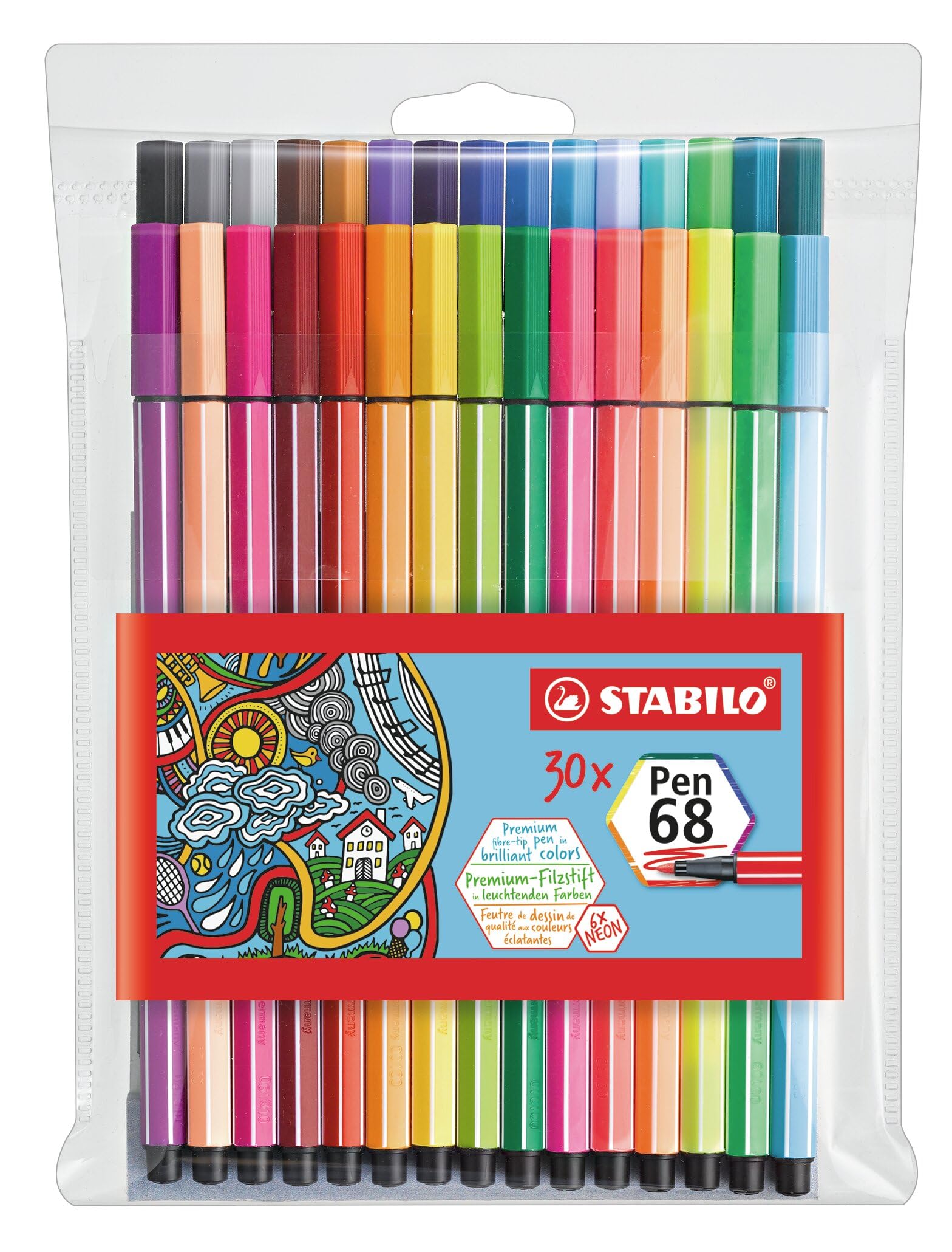 STABILO - Premium-Filzstift - Pen 68-30er Pack - inkl. 6 Neonfarben