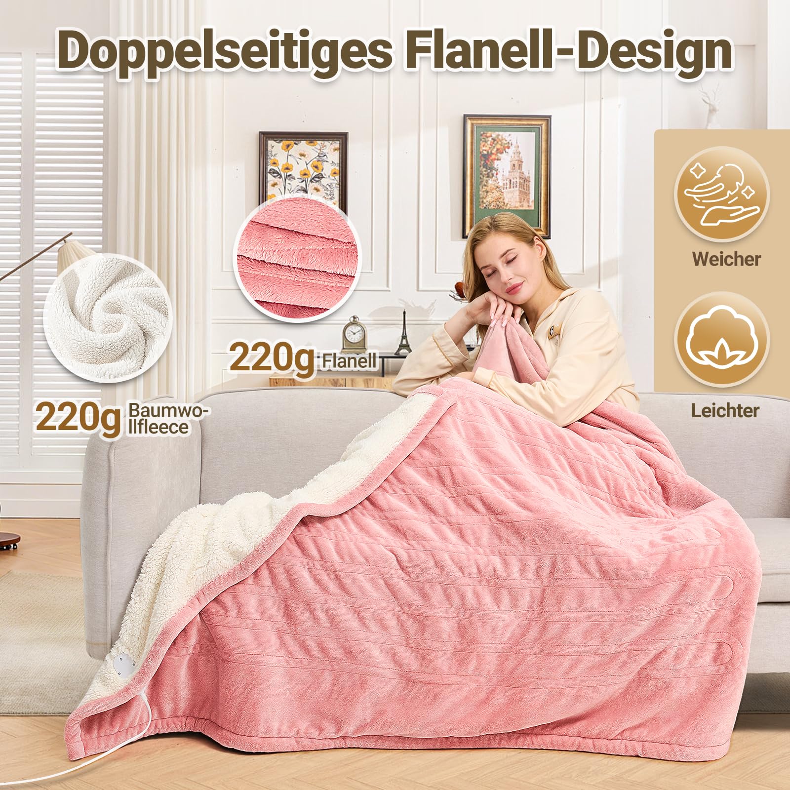 Charmofun Heizdecke mit Abschaltautomatik, 130x180CM Elektrische Wärmedecke, 8 Heizstufen, 12 Stunden Auto-Off-Timer, Maschinenwaschbar, Wärme doppel-Decke Flanell für Bett Sofa Büro