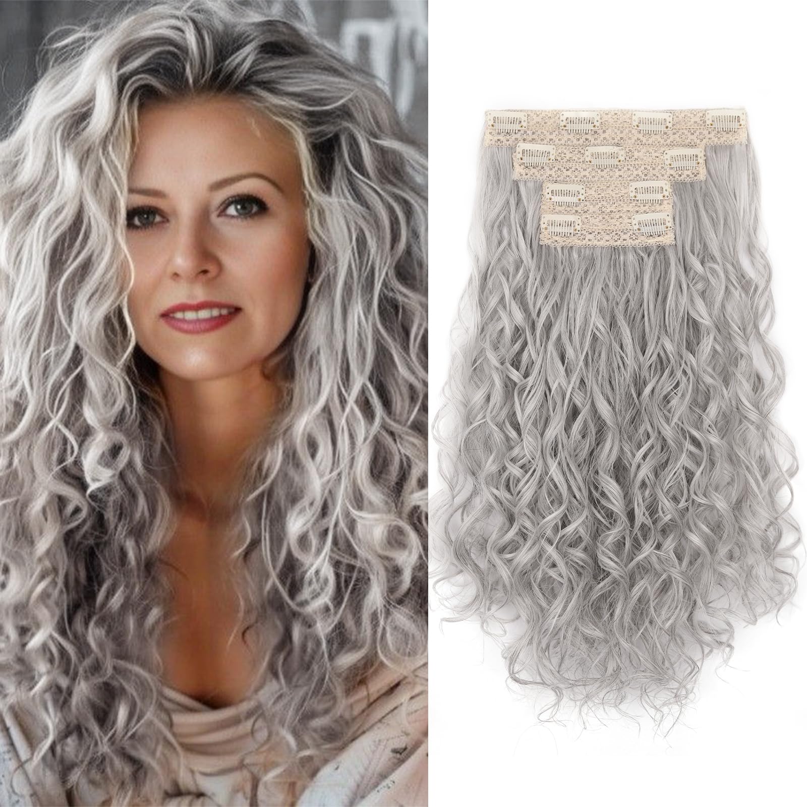 Photo 1 of 16 Inch Hair Extensions Clip ins Light Silver Grey 4Pcs Curly Clip in Hair Extensions for Women (4Pcs,16Inch,HD50/60#)