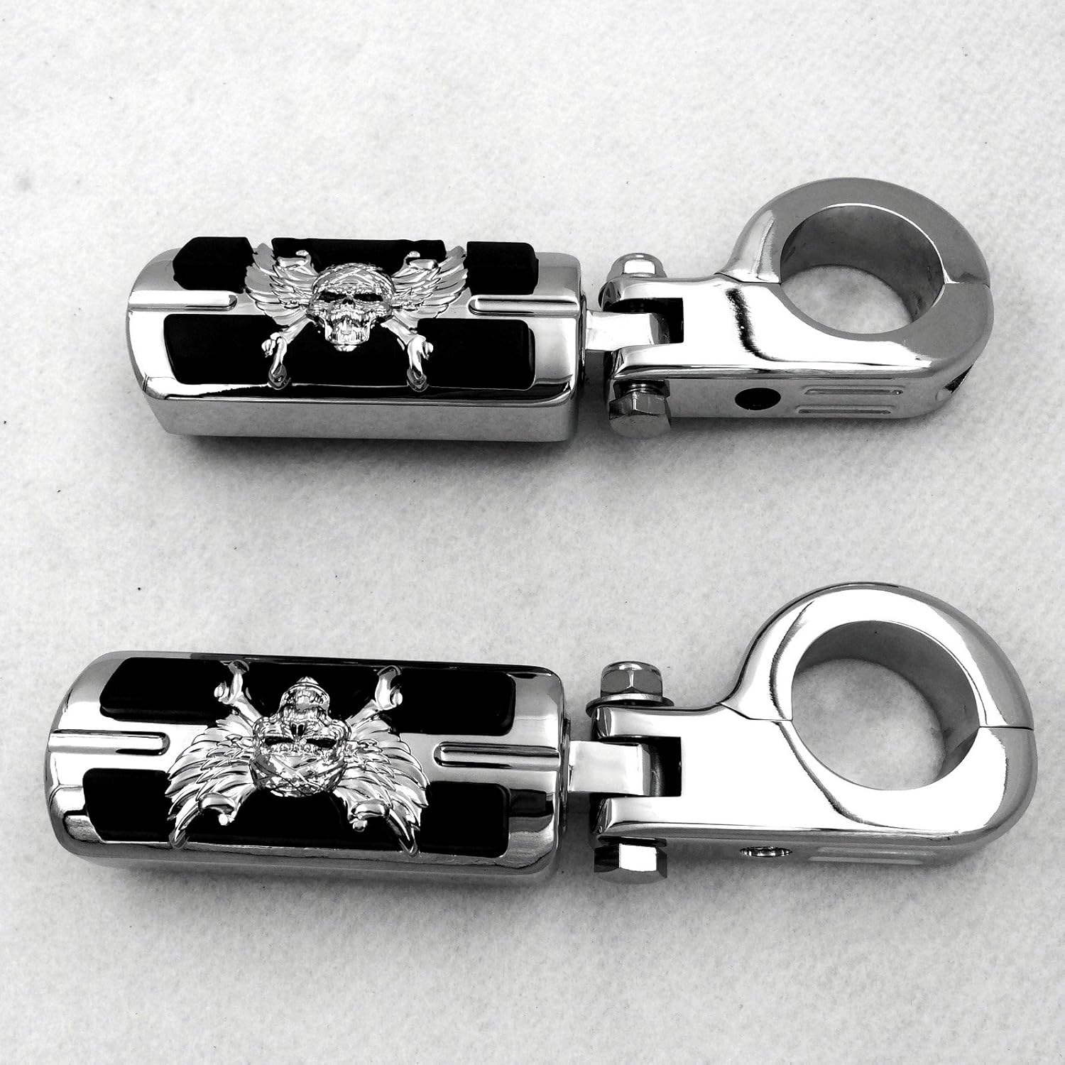 XKMT-Wing Skull Zombie Shape Rider 1 1/2" Stiletto 4475 Foot Peg P-Clamps Compatible With Shadow ACE Magna Valkyrie Chrome Body Black Rubber Quality Product [B013OWDWKK]