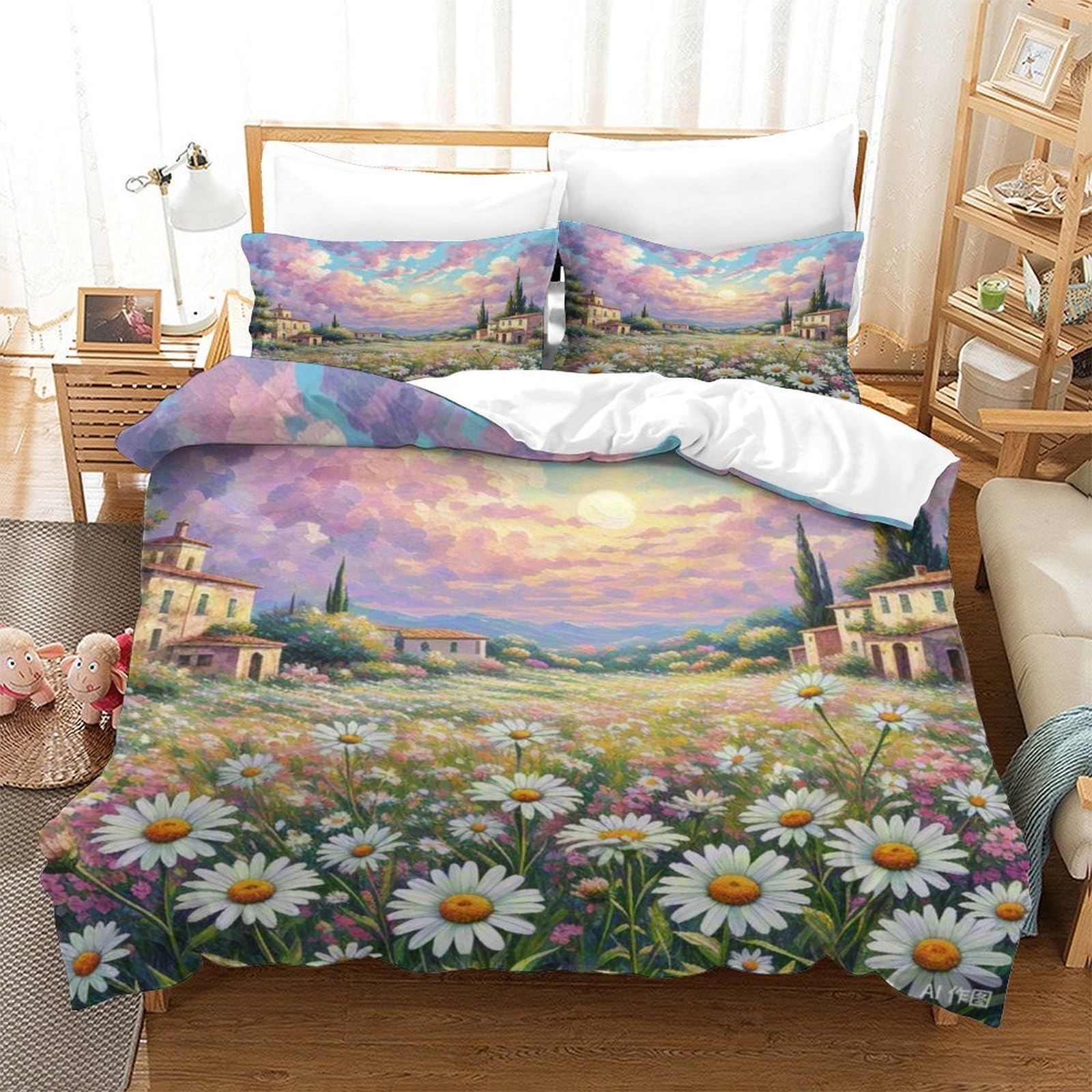Housse de couette marguerite 140x200 en microfibre pour lit enfant avec taie