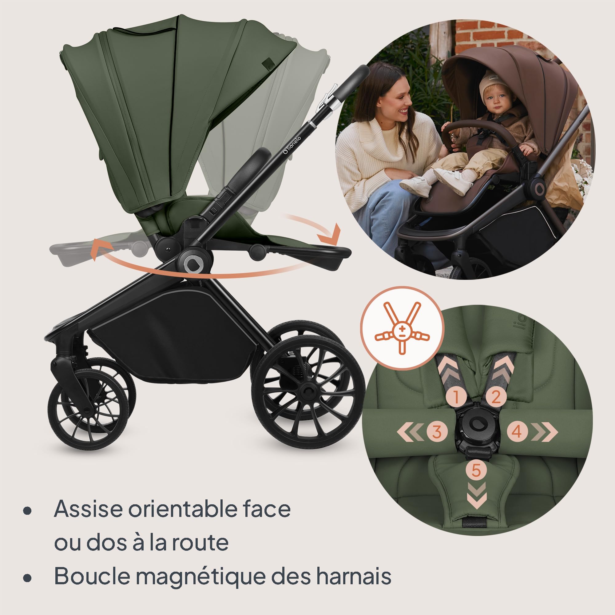 LIONELO MIKA PLUS 2 en 1 Poussette 0 à 48 mois jusqu'à 22 kg Nacelle jusqu'à 9 kg, Réglage du Dossier et du Repose-pied, Coussin, Roues Pivotantes 360° en PU Auvent XXL (Green)