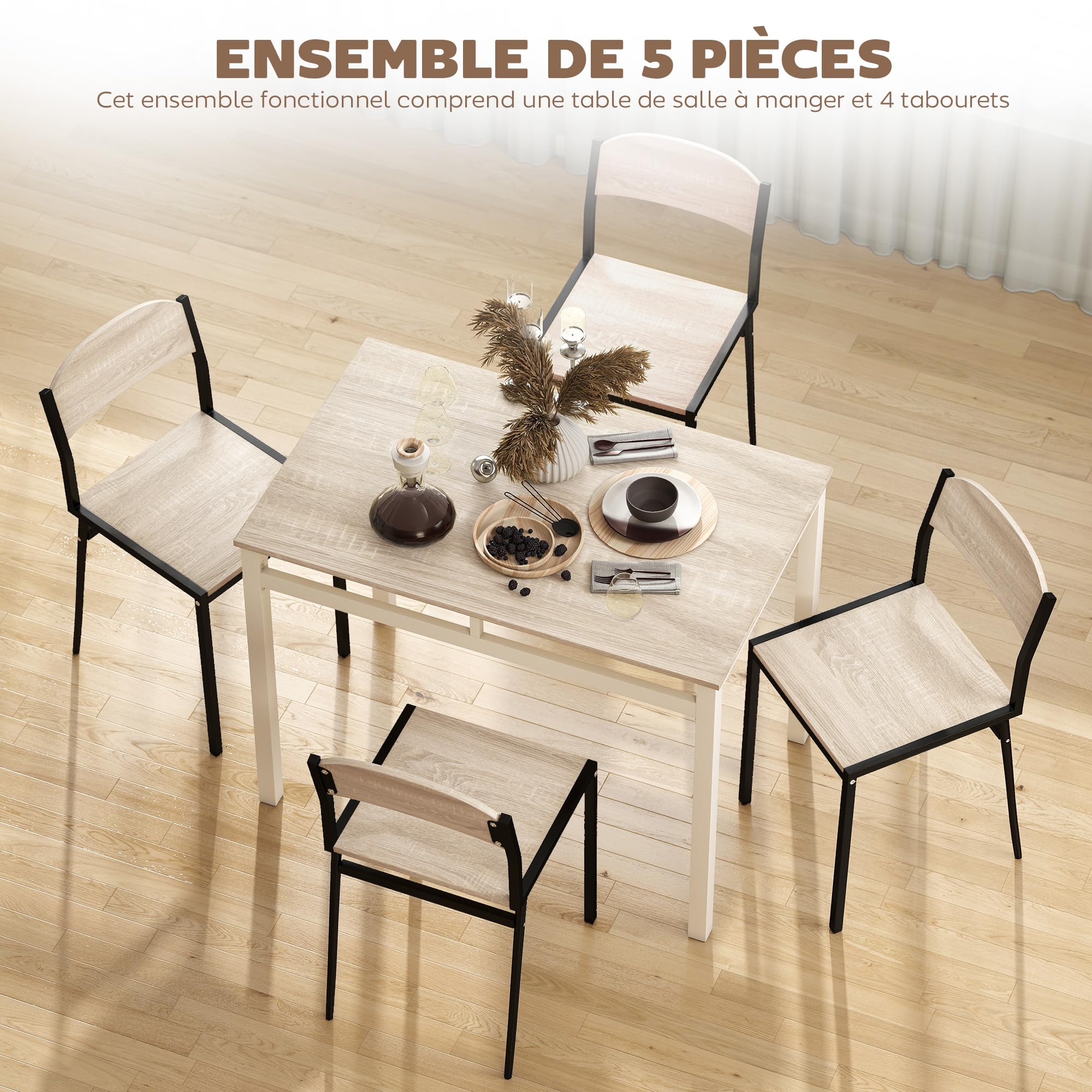 HOMCOM Ensemble Table à Manger 5 Pièces avec 4 Chaises Chêne Noir