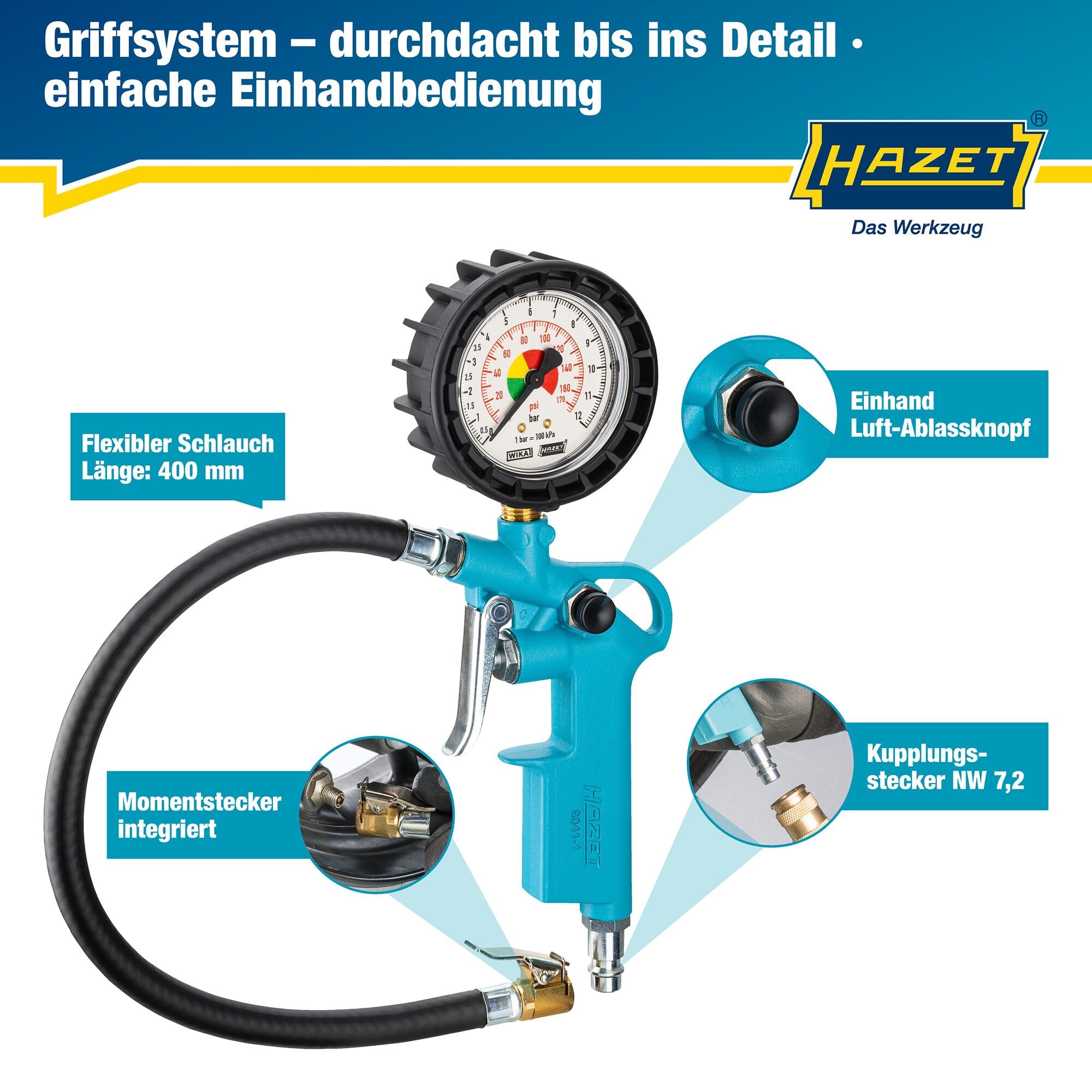 HAZET Reifenfüll-Messgerät 9041-1 I Manometer-Messbereich: 0-12 bar, Schlauchlänge: 400 mm, Manometer-Durchmesser: 63 mm I Reifendruck-Prüfer für Auto, Motorrad, Lkw uvm.