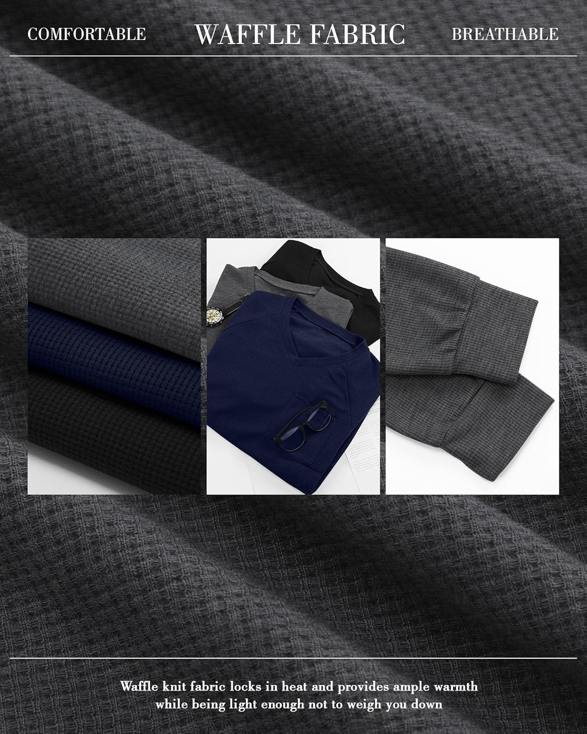 Neer 3 Pack Men's Big and Tall Waffle Thermal Long Sleeve Shirts V Neck Tops Casual Pullover Knit Undershirt with Pockets - Image 3