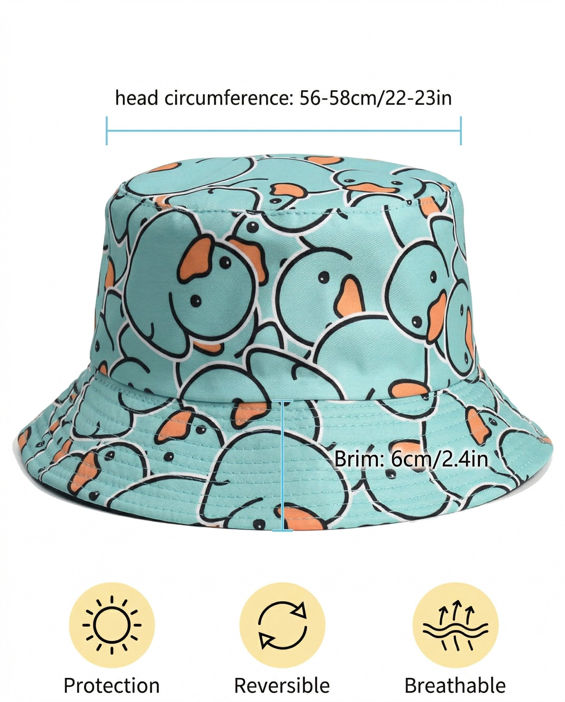Sombrero Divertido para el Sol de Verano, Gorro de Pescador Reversible con Ala Ancha, Diseño de Pato Amarillo para Niños y Adultos, Unisex (Amarillo)