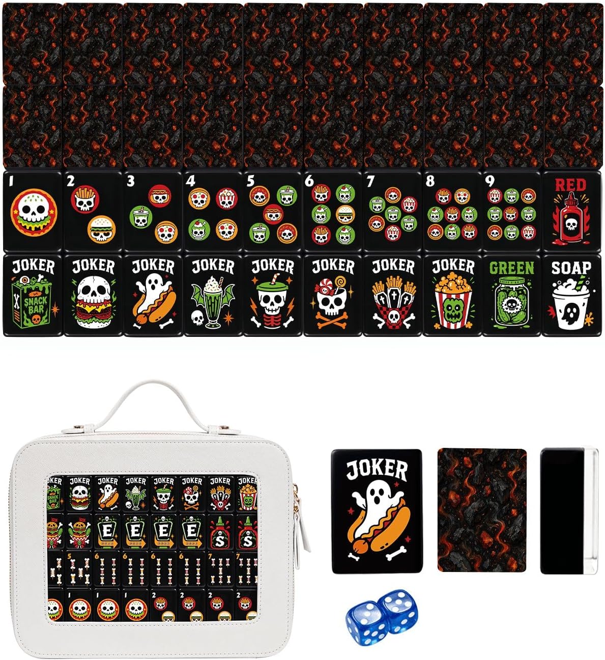 American Mahjong Tile Set, Spooky Halloween Decor Gifts for Women Hostess, Snack Skull Bone Close up Glowing Hot Charcoal Fiery Large 160 Acrylic Engraved Mahjong Set with Travel Case