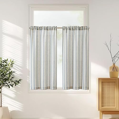 Miniatura 25 de jinchan Cortina de Cocina Bohemia de Lino, Cortina de Nivel Bohemia, Estilo Café de 24 Pulgadas, Cortina Geométrica a Rayas para Ventana Pequeña