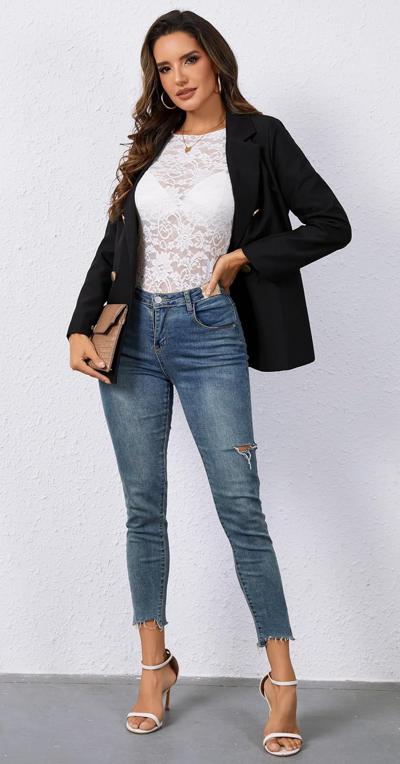 OMSJ Womens Lace Floral Mesh Tops Long Sleeve Sexy See Through Blouse Round Neck Layering Top Shirts - Image 6