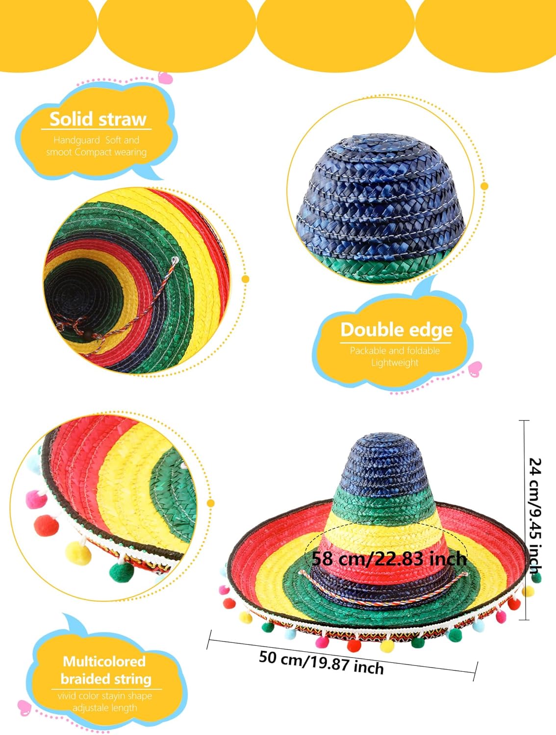 2 Pcs Giant Mexican Sombrero Straw Hat Cinco de Mayo Sombrero Fiesta Sombrero for Adult Mexican Party