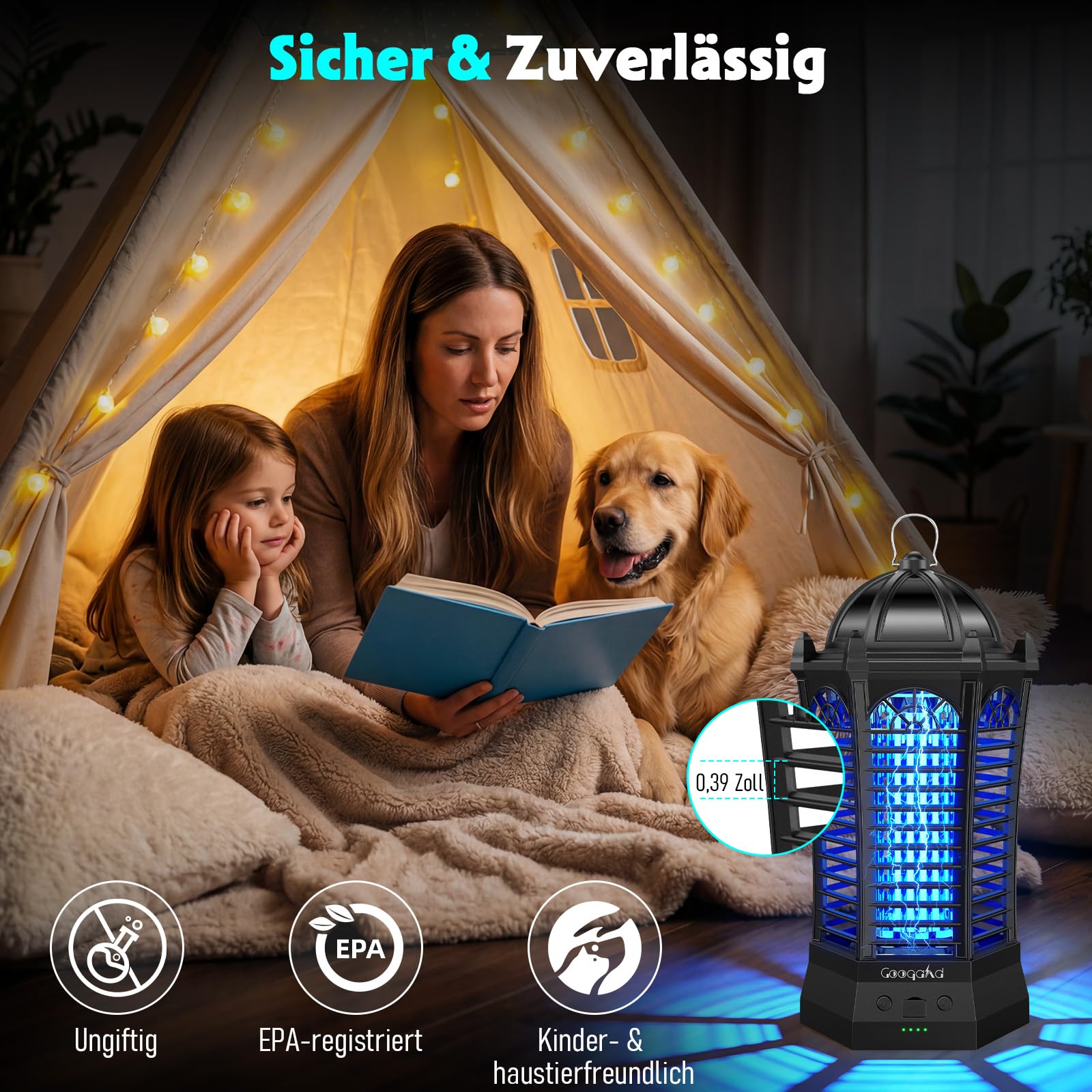 Insektenvernichter Elektrisch mit LED-Beleuchtung, Mückenfalle mottenfalle für Innen Außen 4000mAh Akku, IPX4 wasserdicht, Sicher, ungiftig & Geruchsneutral,Schlafzimmer,Küche,Wohnzimmer