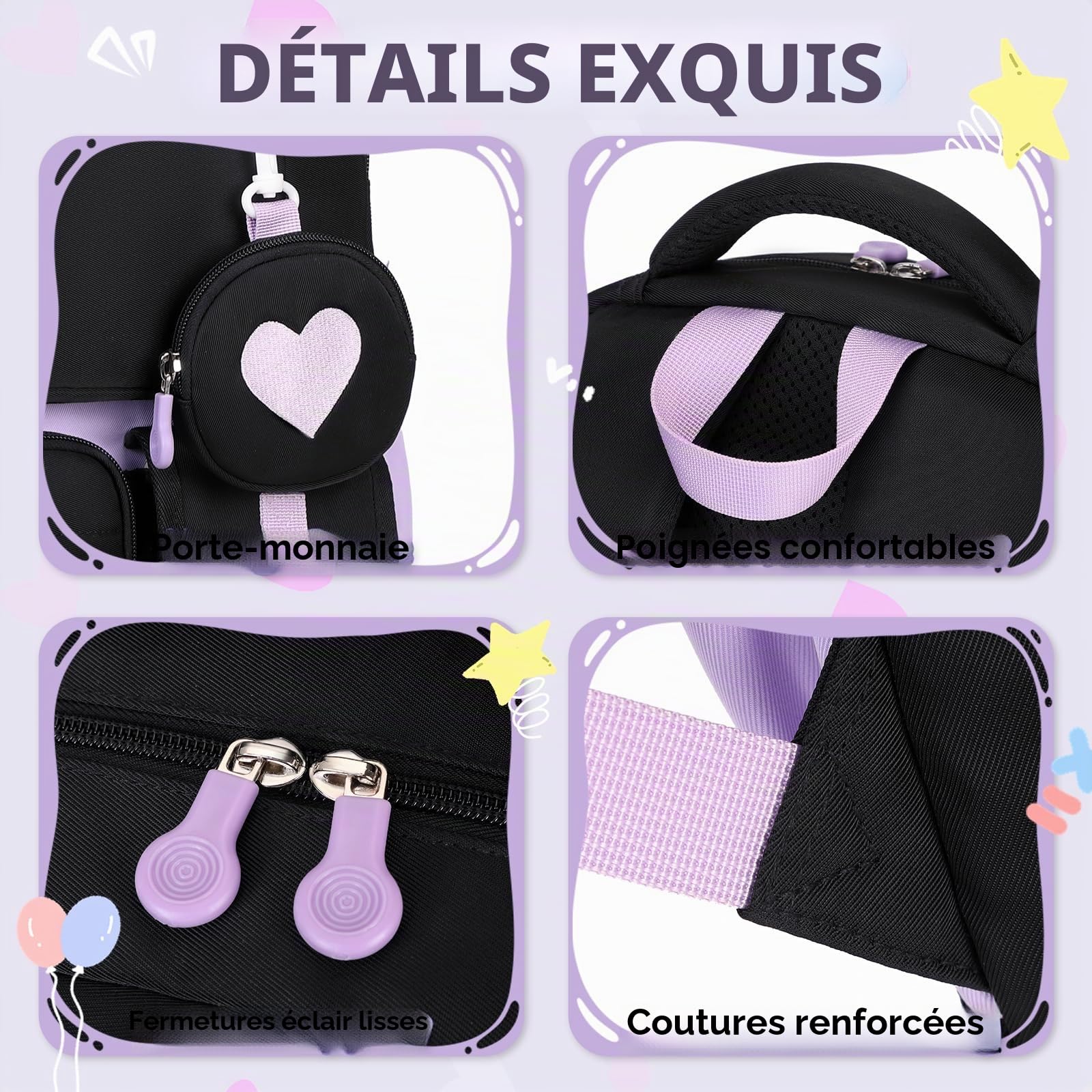 Amythe Cartable Fille Primaire CE1 à CM2 avec Pochette de Monnaie, Noir