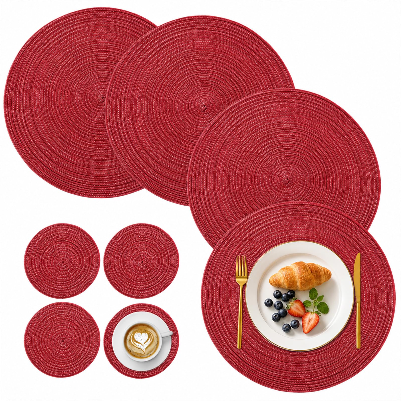 KASURE 8 Pieces Round Placemats Set, 30 cm Placemats(4) and 11 cm Coaster(4), Round Braided Woven Place Mats, Easy Clean Heat Resistant and Non Slip for Kitchen Dining Table Home Restaurant, Red