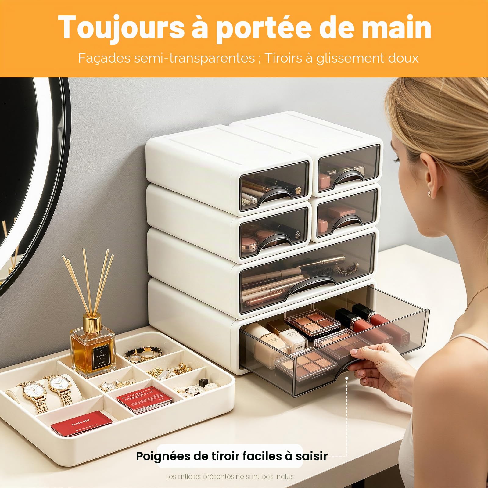 Organiseur de bureau, 6 compartiments, tiroirs fermés, empilable, en plastique, avec poignées, fournitures de bureau, pour la maison et le bureau, 34 x 25 x 33 cm, blanc