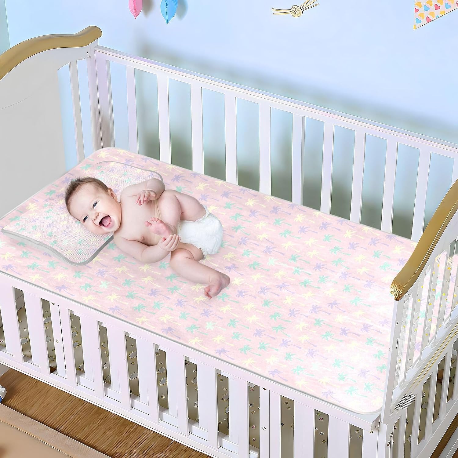 Baby Cooling Mat Pastel Color Palm Trees Ice Silk Breathable Mesh Summer Crib Mattress Pad with Pillowcase, Soft Cooling Sleeping Surface for Infant & Toddler, 52"x28"