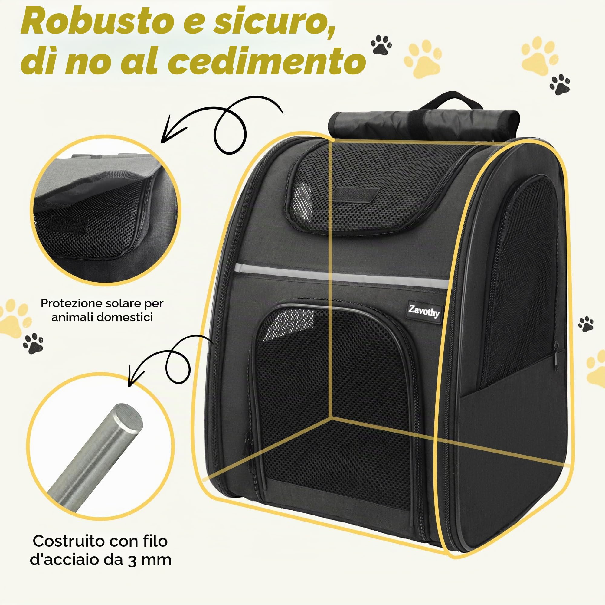 Zavothy Zaino per Cani e Gatti, Zainetto Trasportino Portatile e Pieghevole, con Finestra a Rete e Supporto Imbottito per la Schiena, Traspirante, Carico Massimo 8kg (Nero)