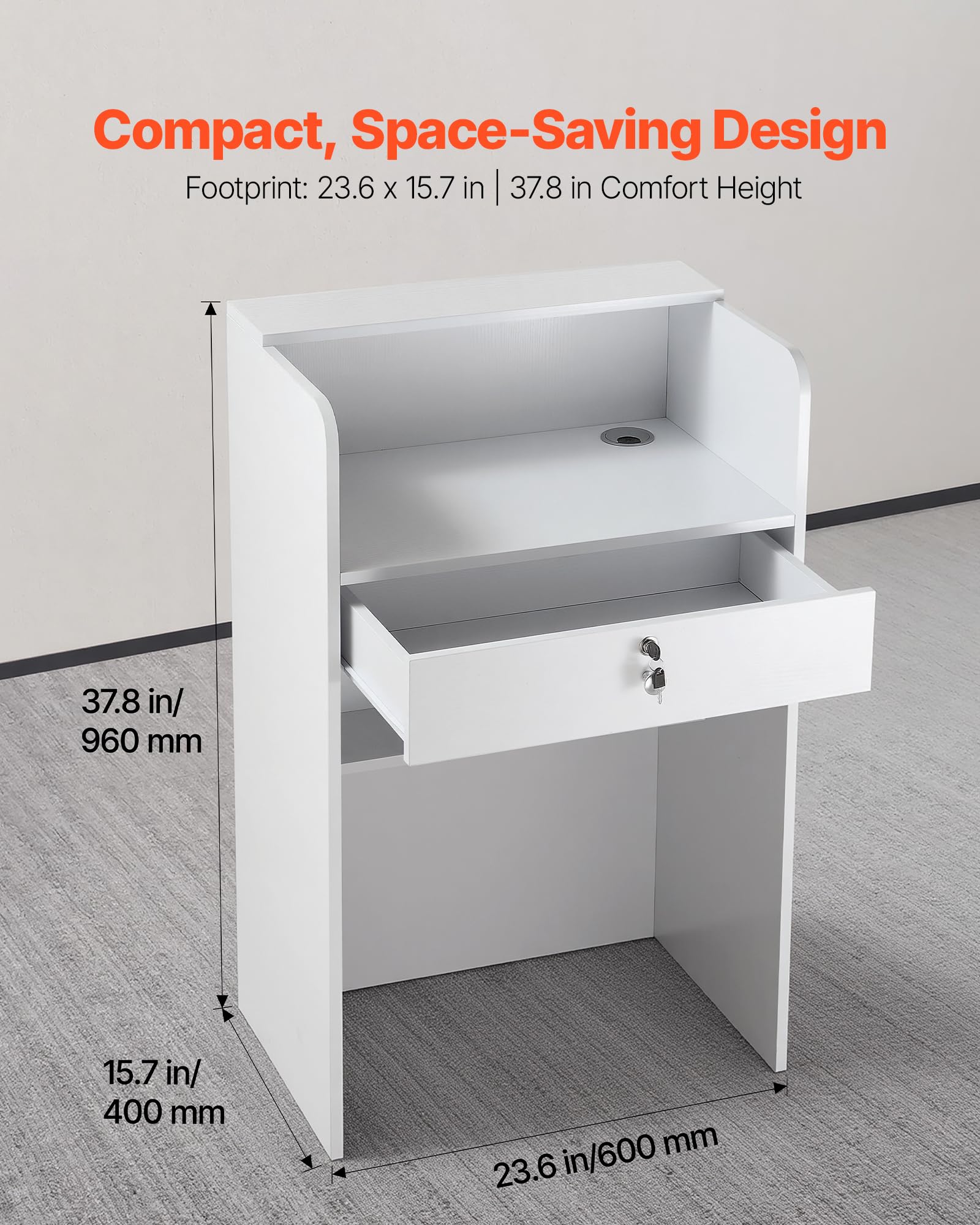 VEVOR Comptoir de Réception, 60 cm Bureau d'accueil Rectangulaire avec Tiroir Verrouillable, Table de Caisse Compacte pour Bureau, Hall d'Entrée, Salon et Boutique, Meuble d'accueil Moderne, Blanc