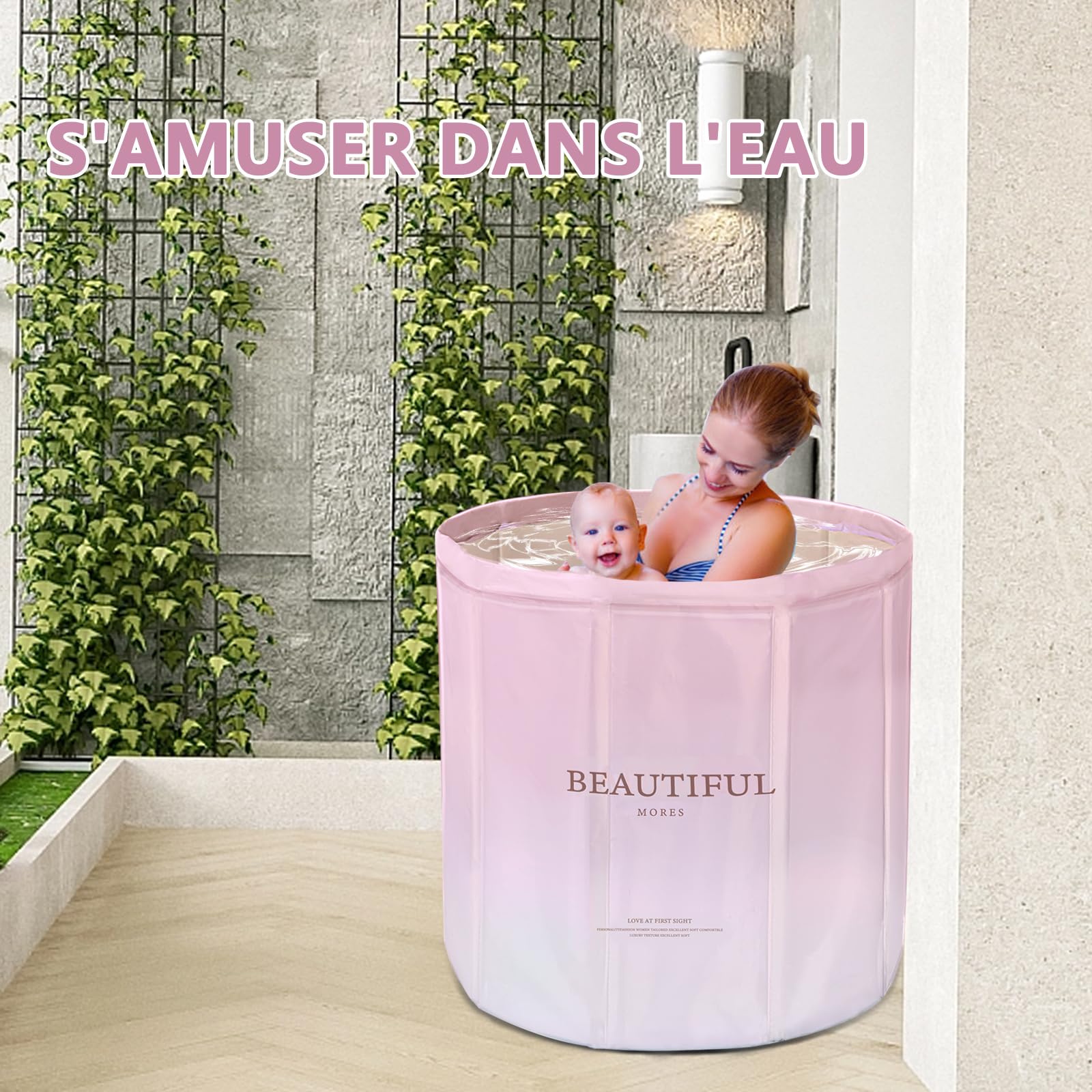 Baignoire Pliable pour Adulte Portable 65x65x70 cm pour Sauna, Douche et Bain Glacé, Pas besoin d'installation (Rose)